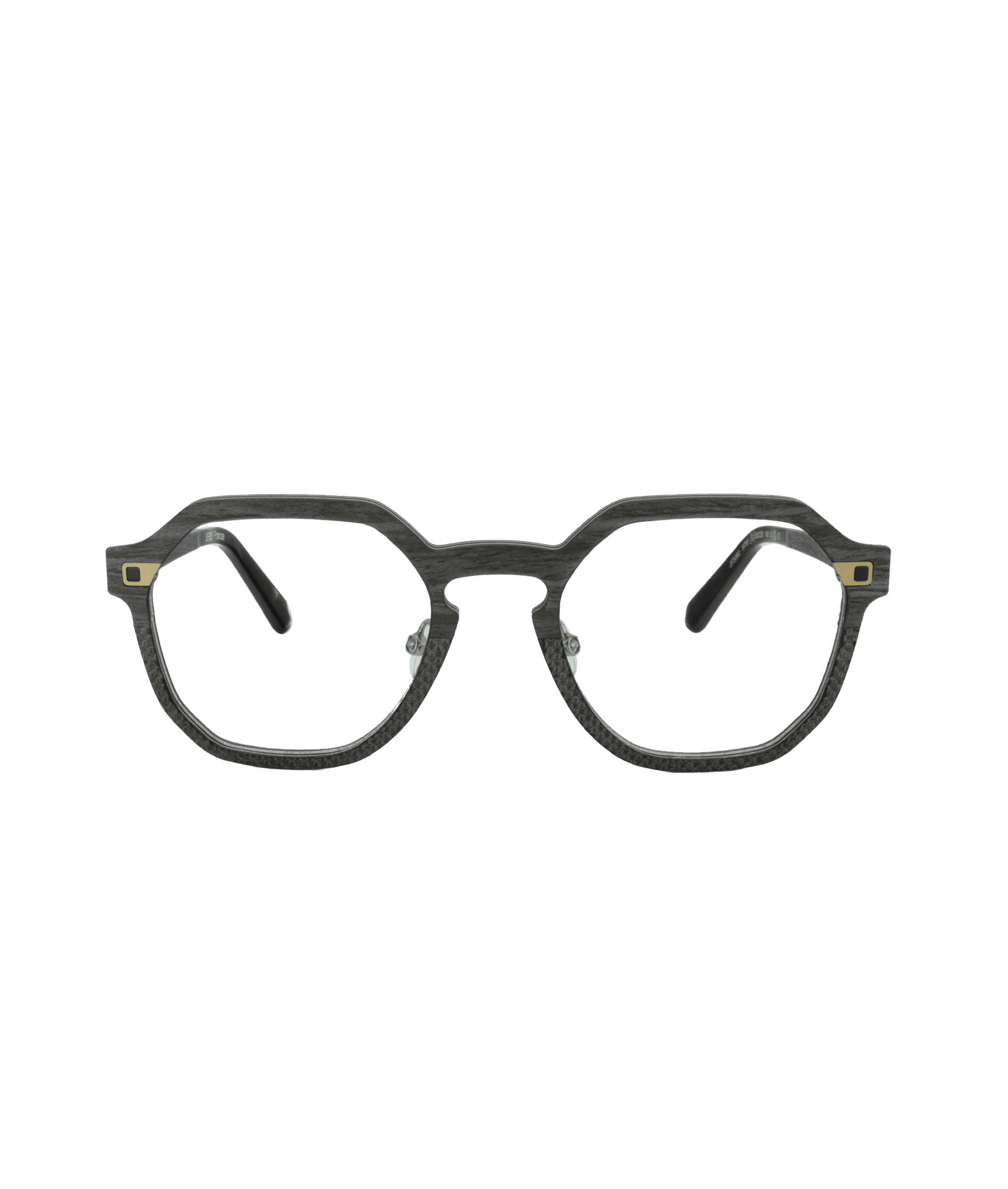 Front view of a pair of eyeglasses with black, geometric-shaped frames and clear lenses, featuring small gold square accents on each side of the front frame.