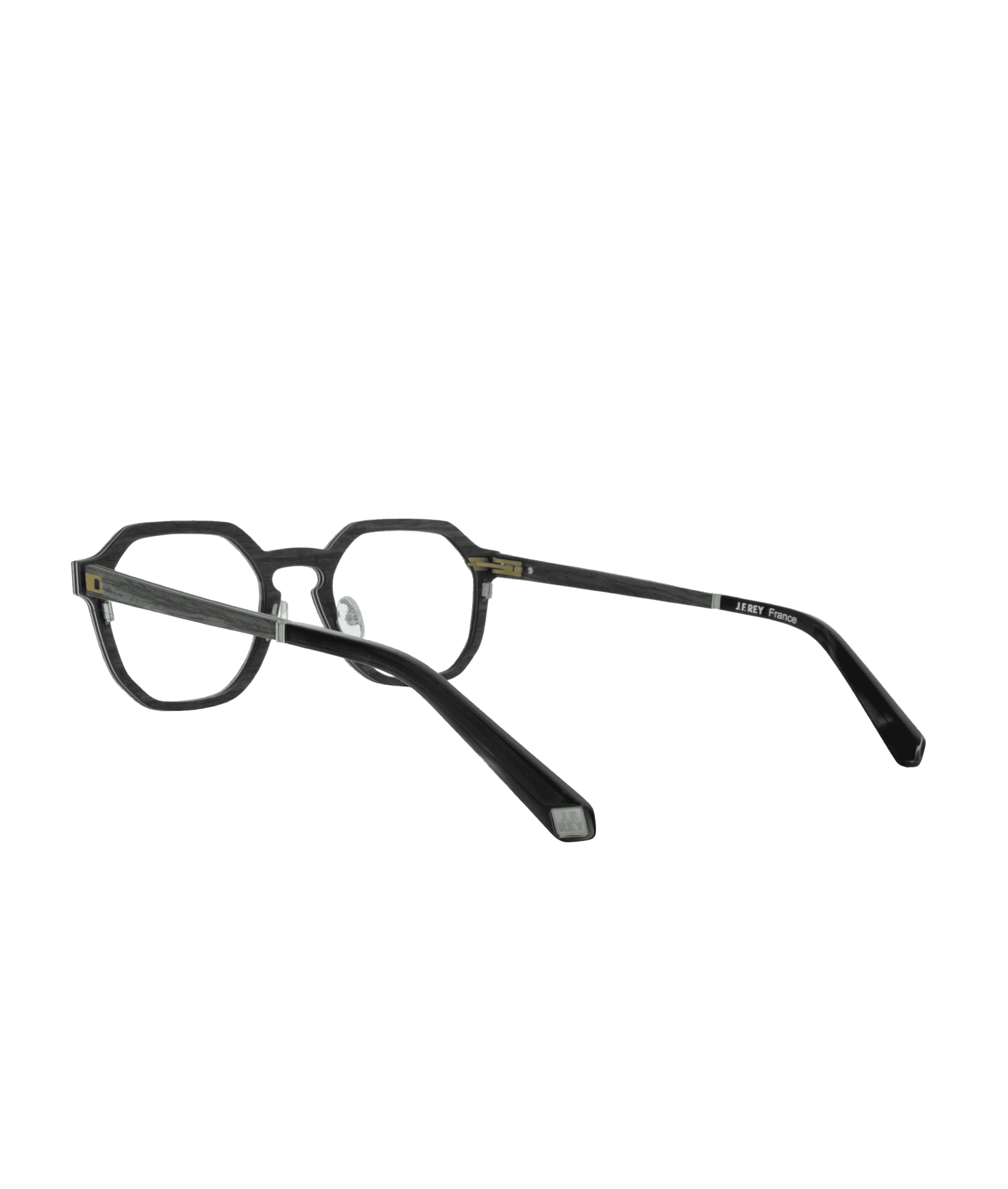 Black rectangular eyeglasses with metal detailing on the temples, shown from a rear side angle on a plain white background.