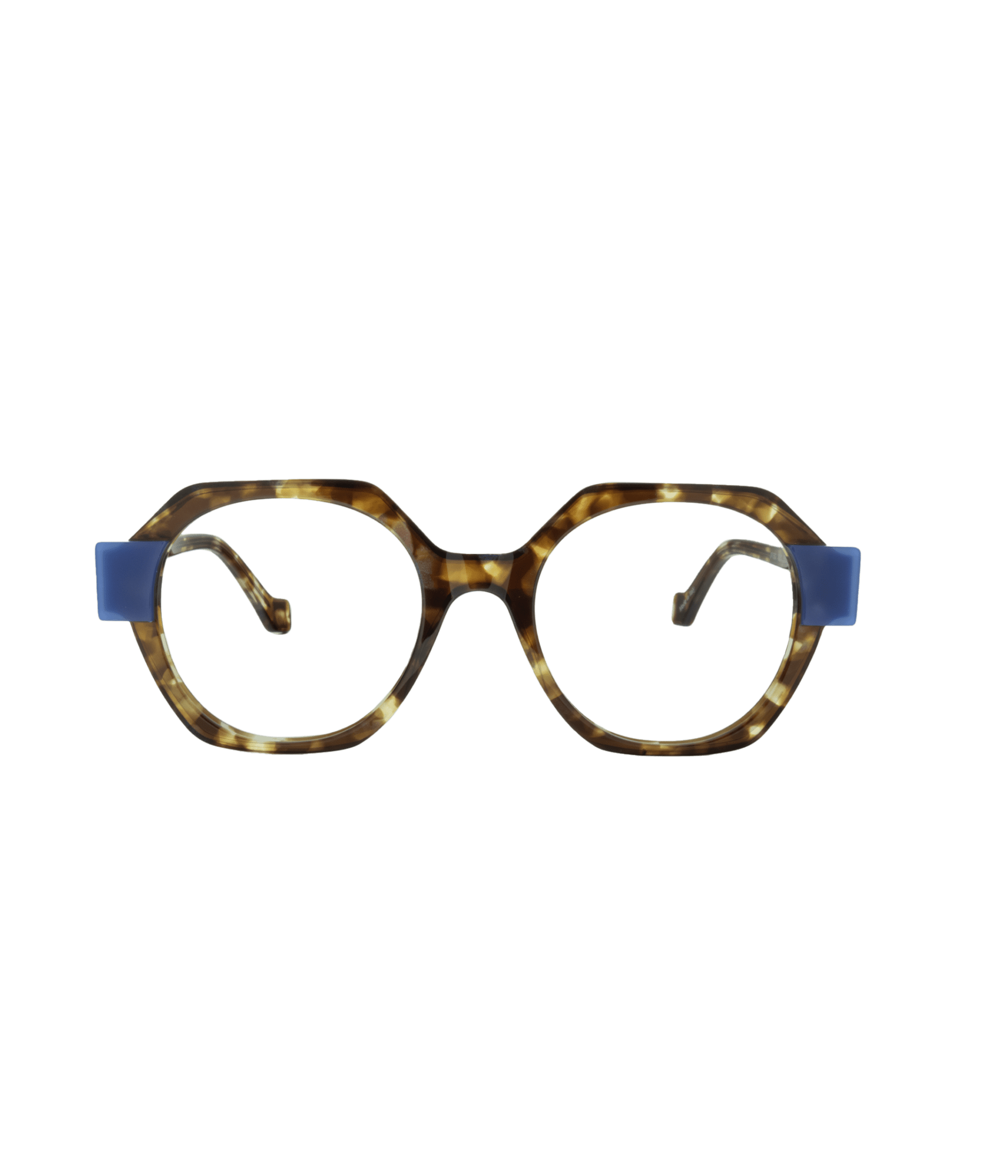 Tortoiseshell eyeglasses with round, slightly geometric frames and wide blue temples, displayed on a white background.