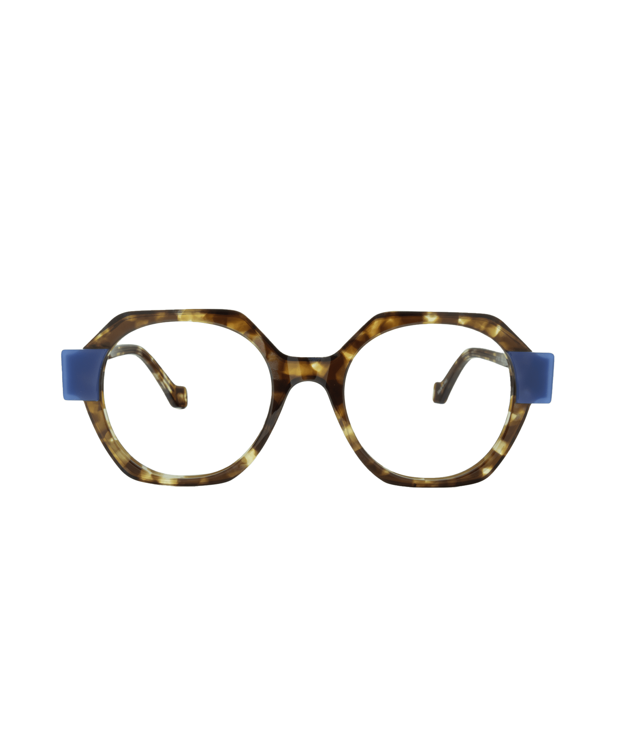 Tortoiseshell eyeglasses with round, slightly geometric frames and wide blue temples, displayed on a white background.