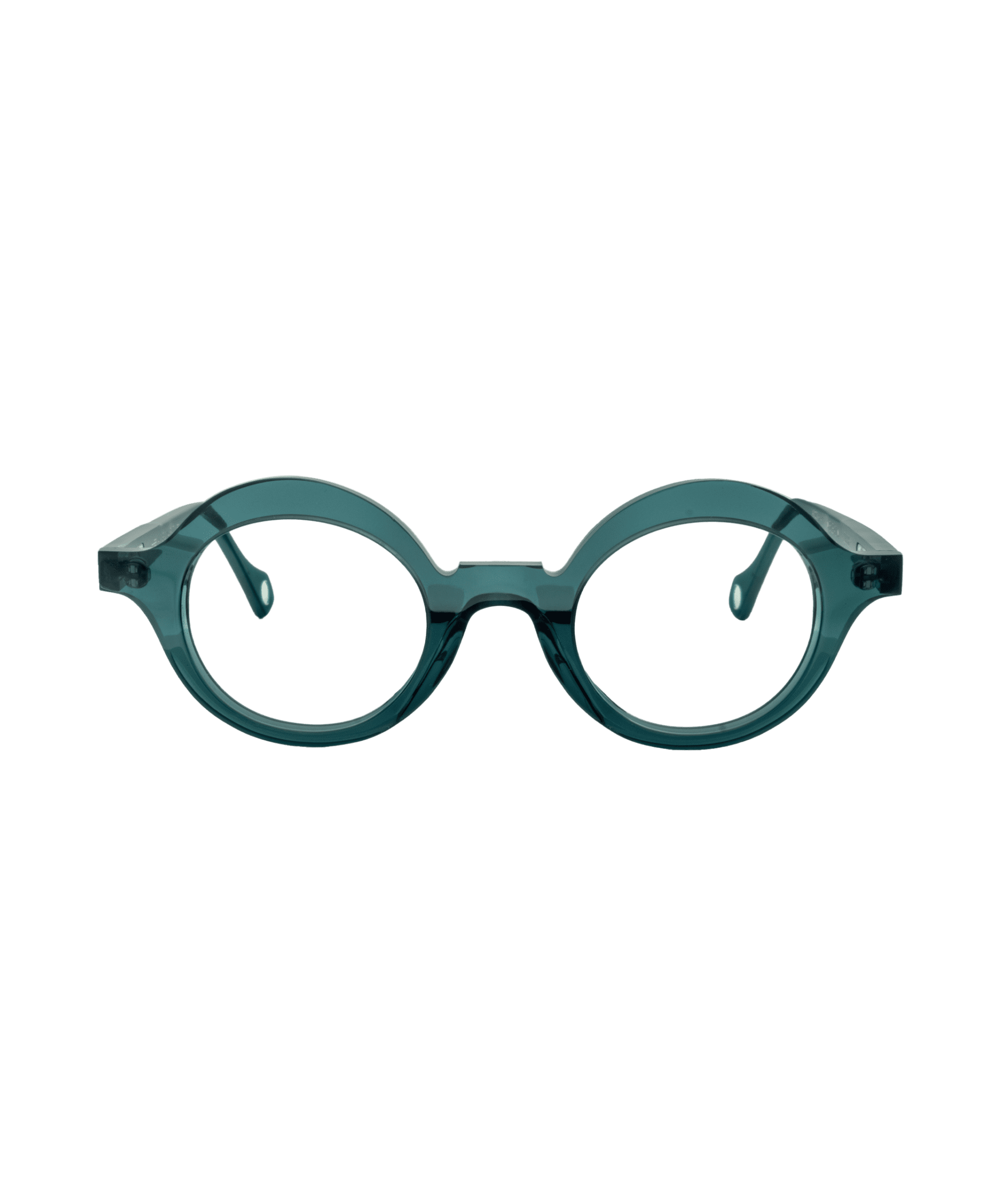 Round, teal-colored eyeglass frames with thick rims and keyhole bridge, displayed against a plain white background.