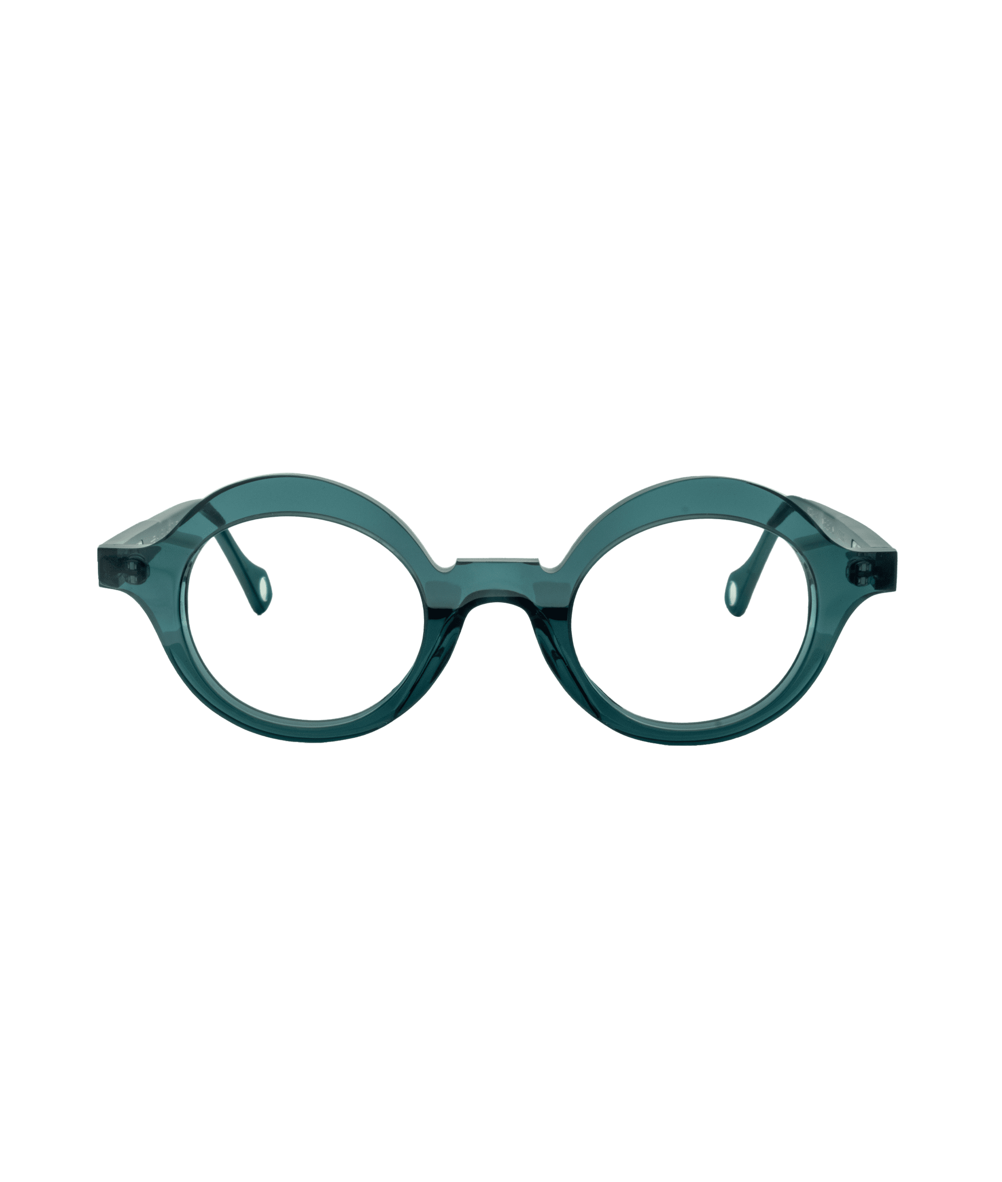 Round, teal-colored eyeglass frames with thick rims and keyhole bridge, displayed against a plain white background.