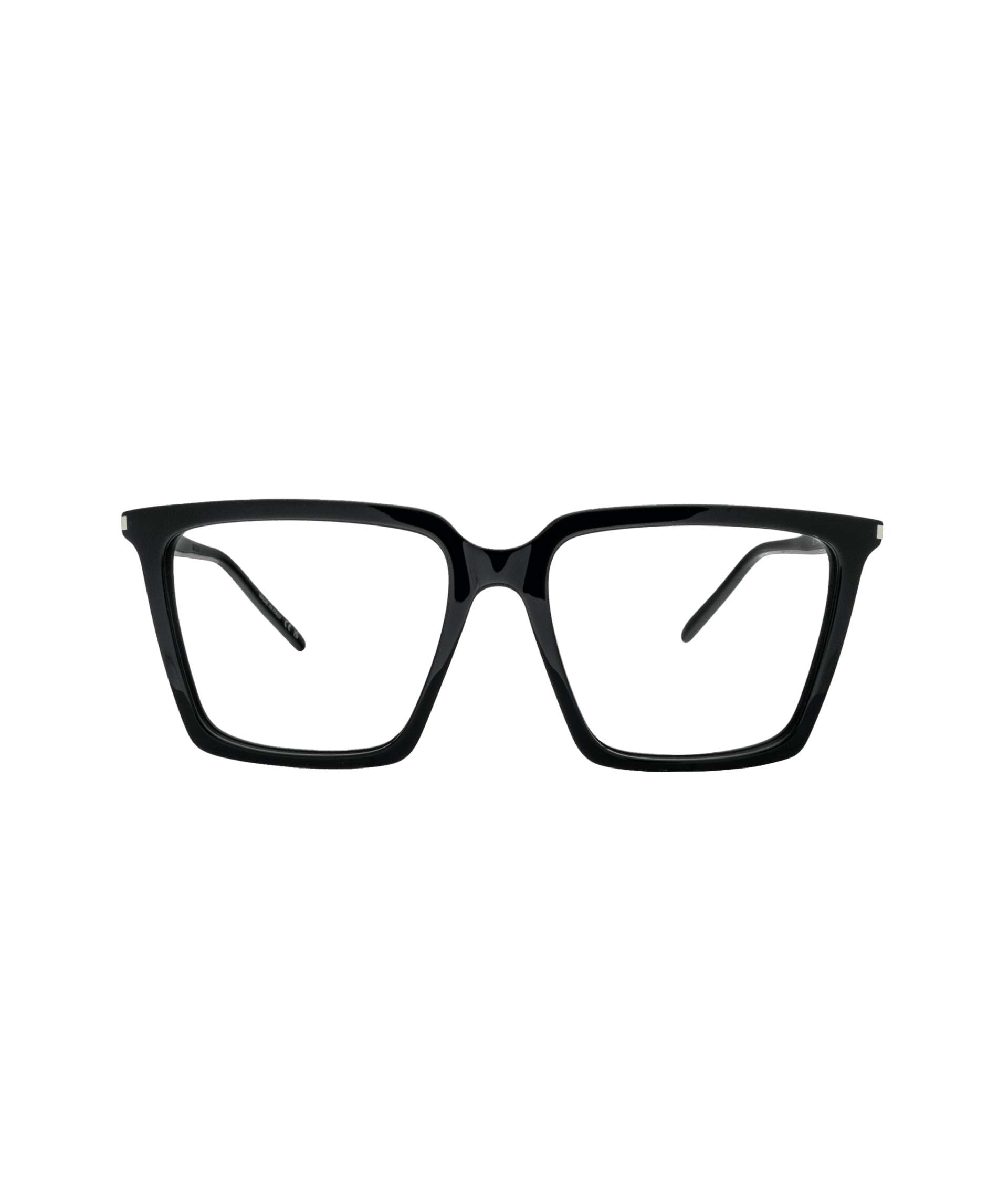 A pair of black rectangular eyeglasses with thick frames, displayed front-facing on a plain white background.