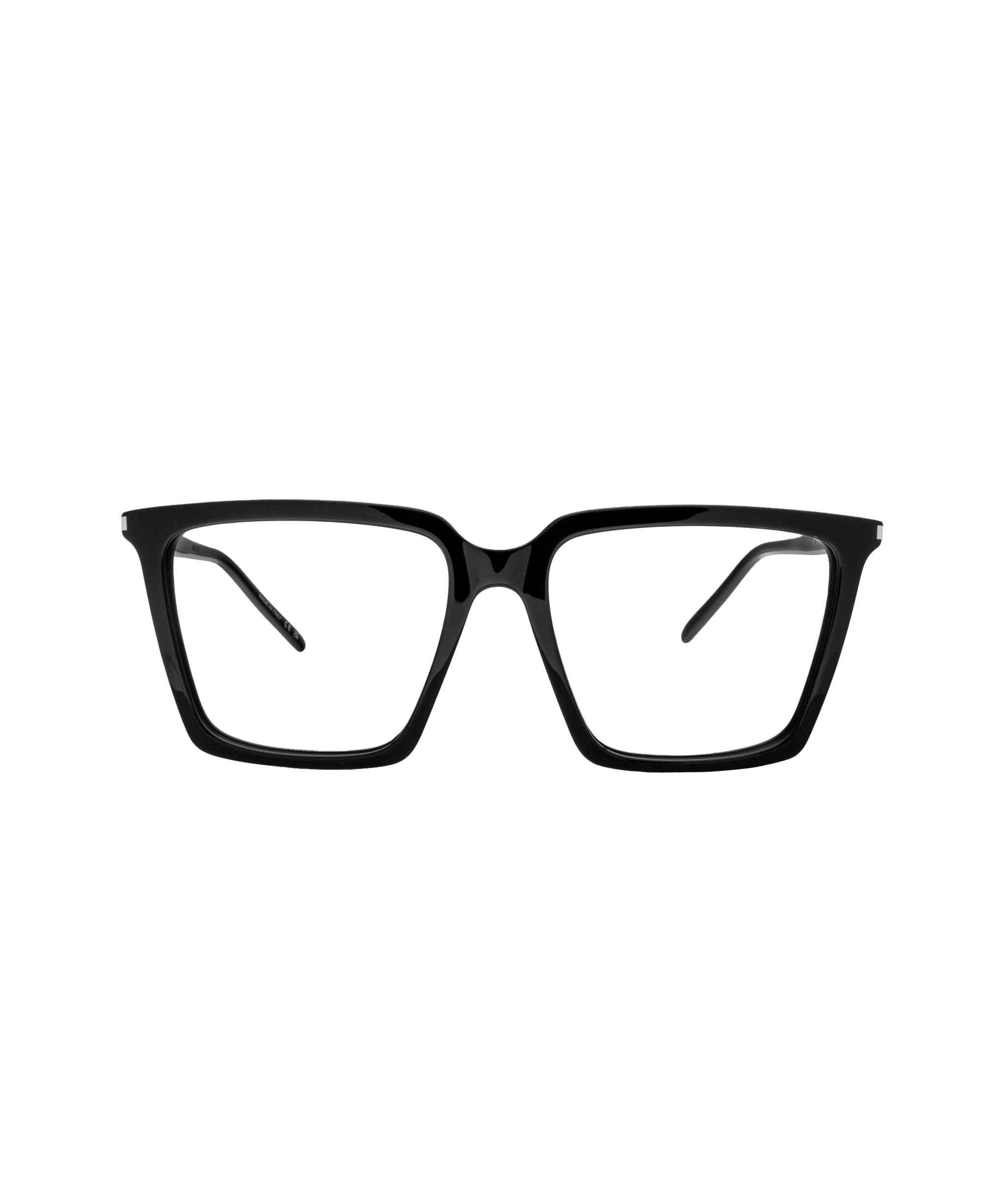 A pair of black rectangular eyeglasses with thick frames, displayed front-facing on a plain white background.