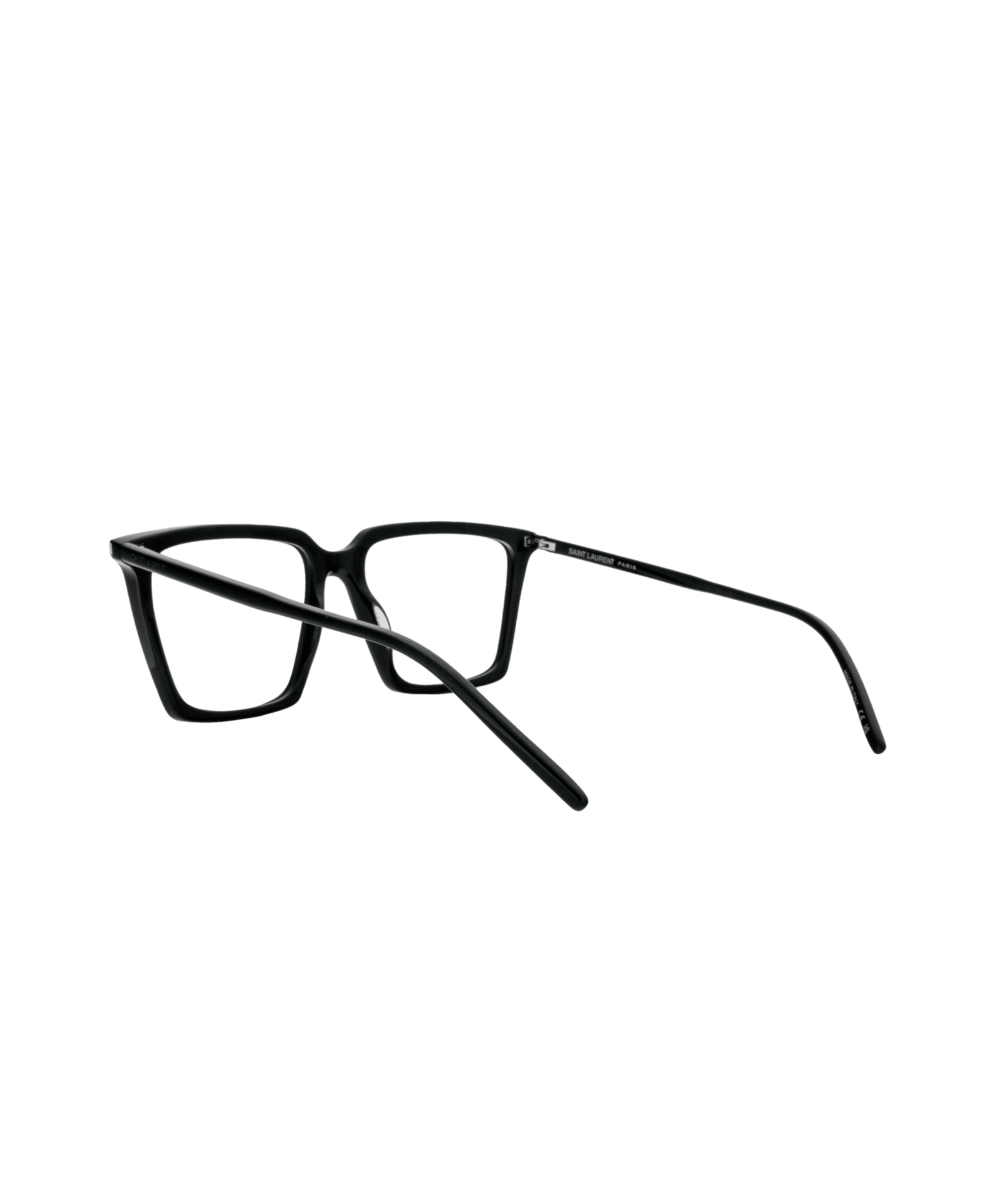 A pair of black rectangular eyeglass frames is displayed on a white background, shown from an angled side view with the arms open.