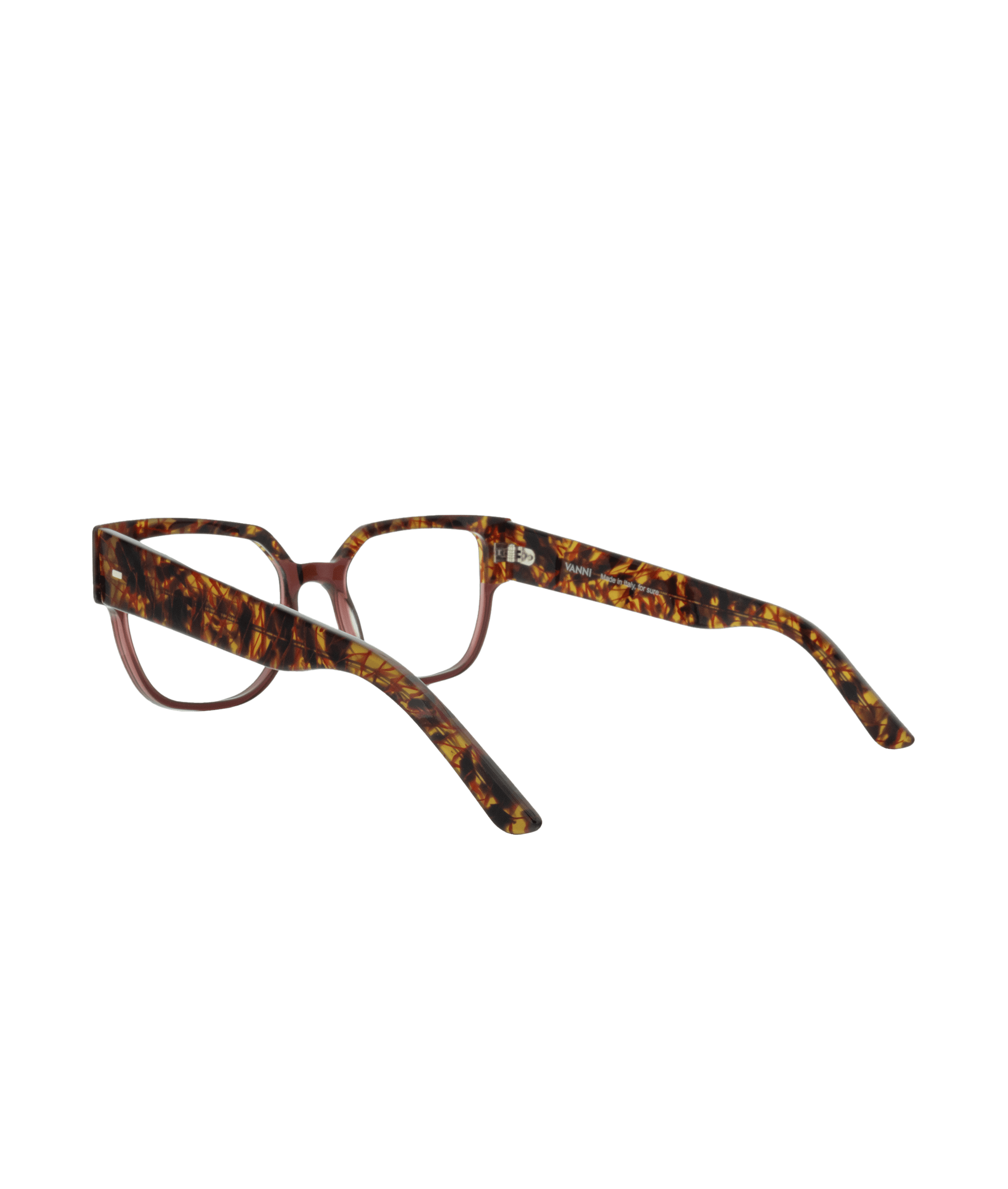 A pair of eyeglasses with a brown and amber tortoiseshell pattern, shown from a back diagonal angle on a white background. The temples are wide and curve outward.