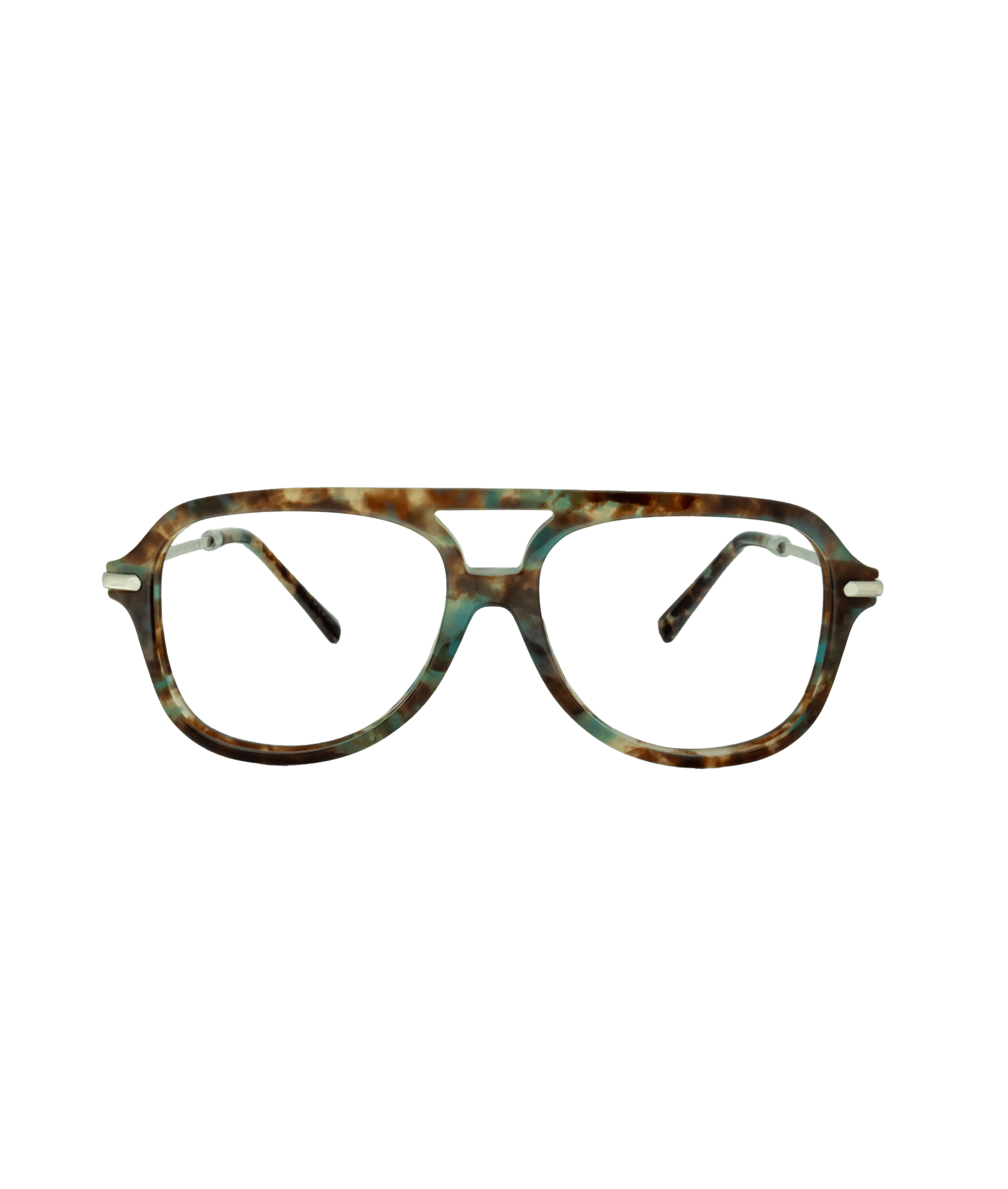 A pair of eyeglasses with a thick, marbled brown and green frame, featuring a double bridge design and slightly rounded rectangular lenses, displayed on a white background.