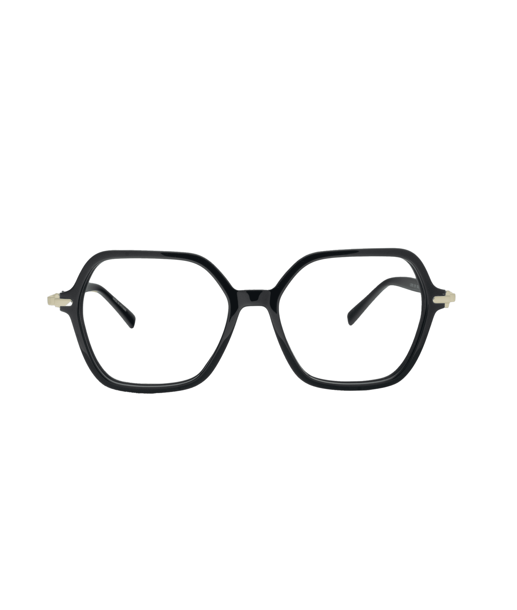 Black geometric eyeglass frames with slightly rounded edges and metal accents on the hinges, displayed against a plain white background.
