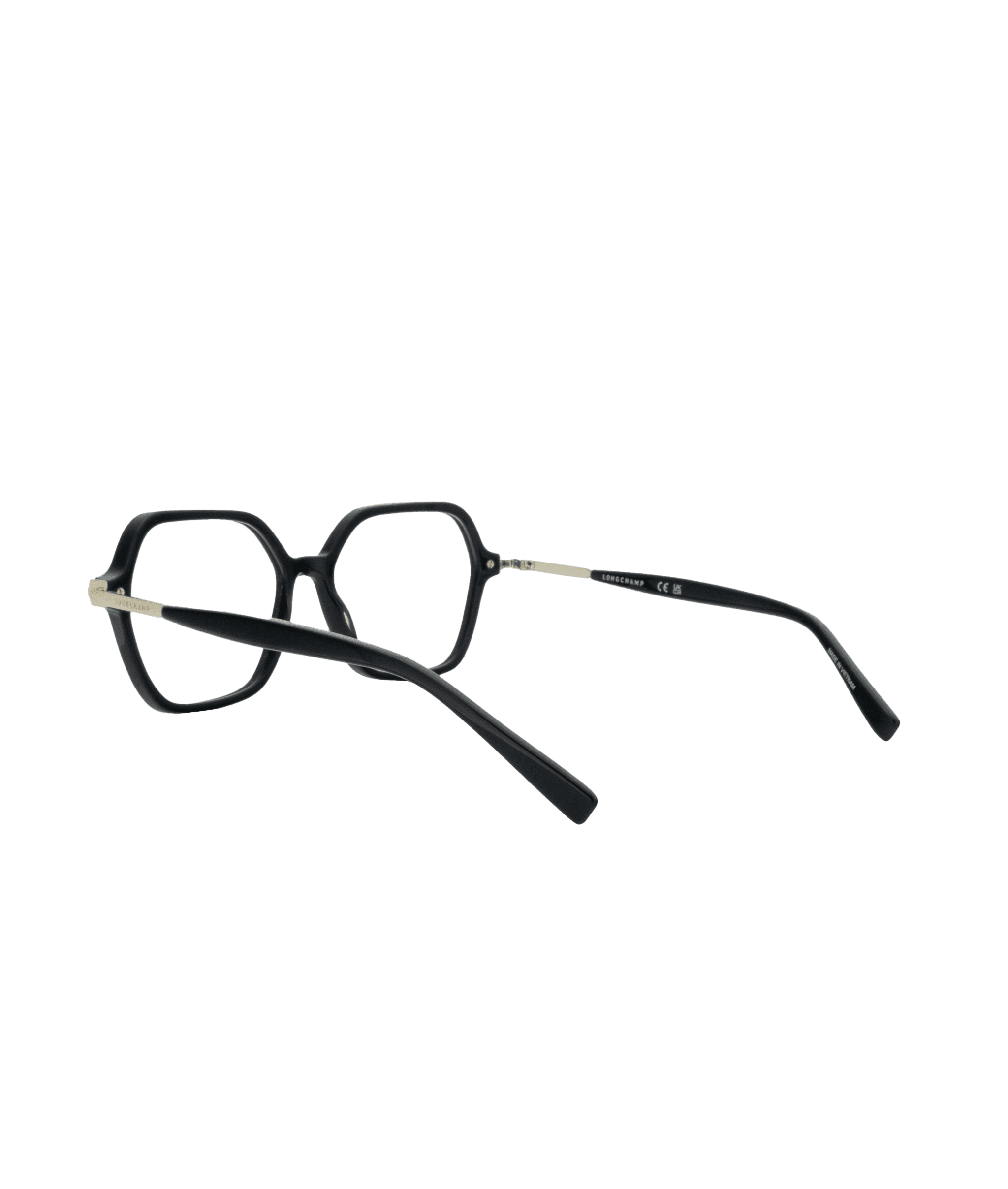 Black hexagonal eyeglass frames with gold metal temples, viewed from the side and slightly behind on a plain white background.