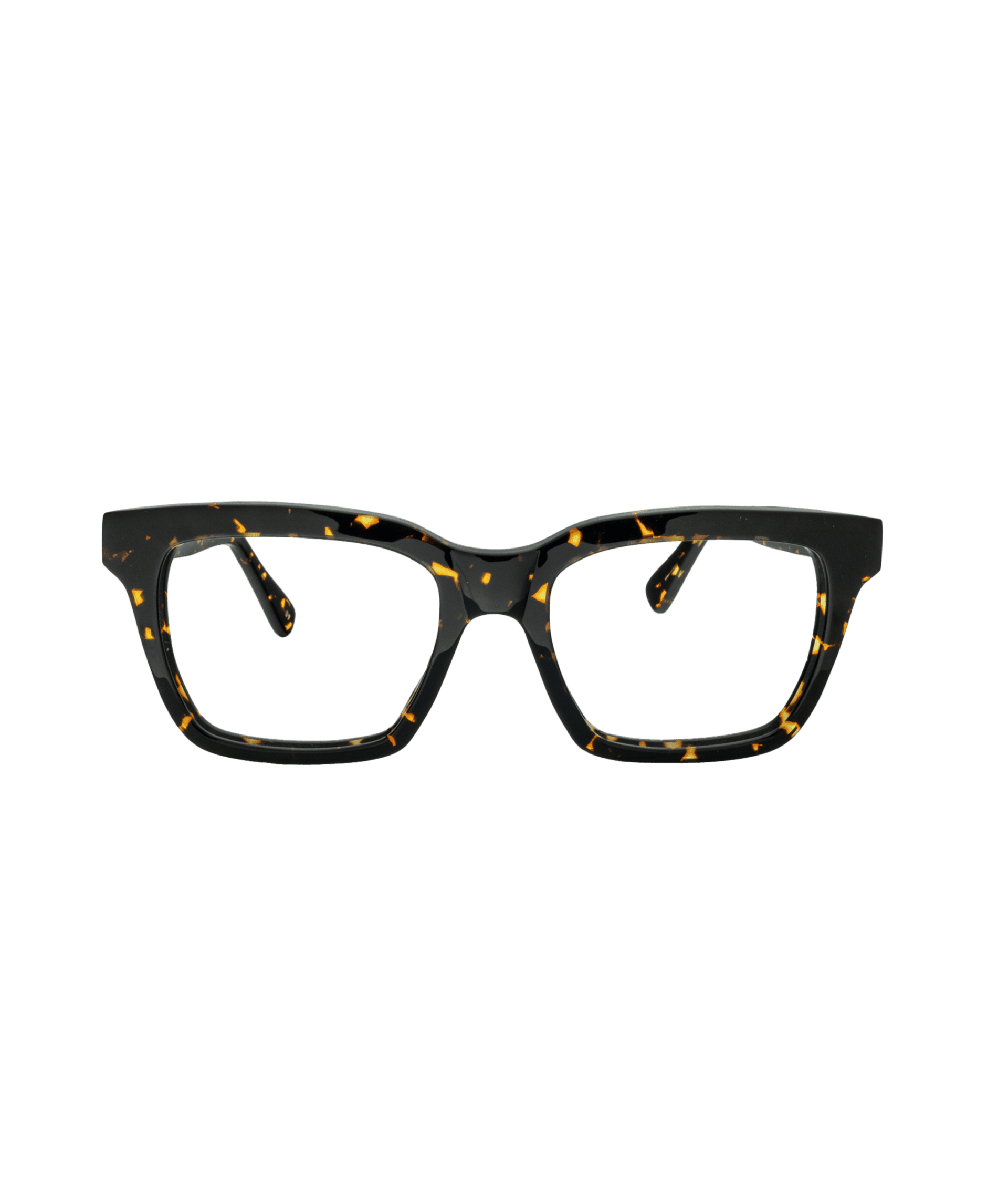 Rectangular eyeglasses with a thick, dark tortoiseshell frame featuring yellow and brown speckles, displayed against a plain white background.