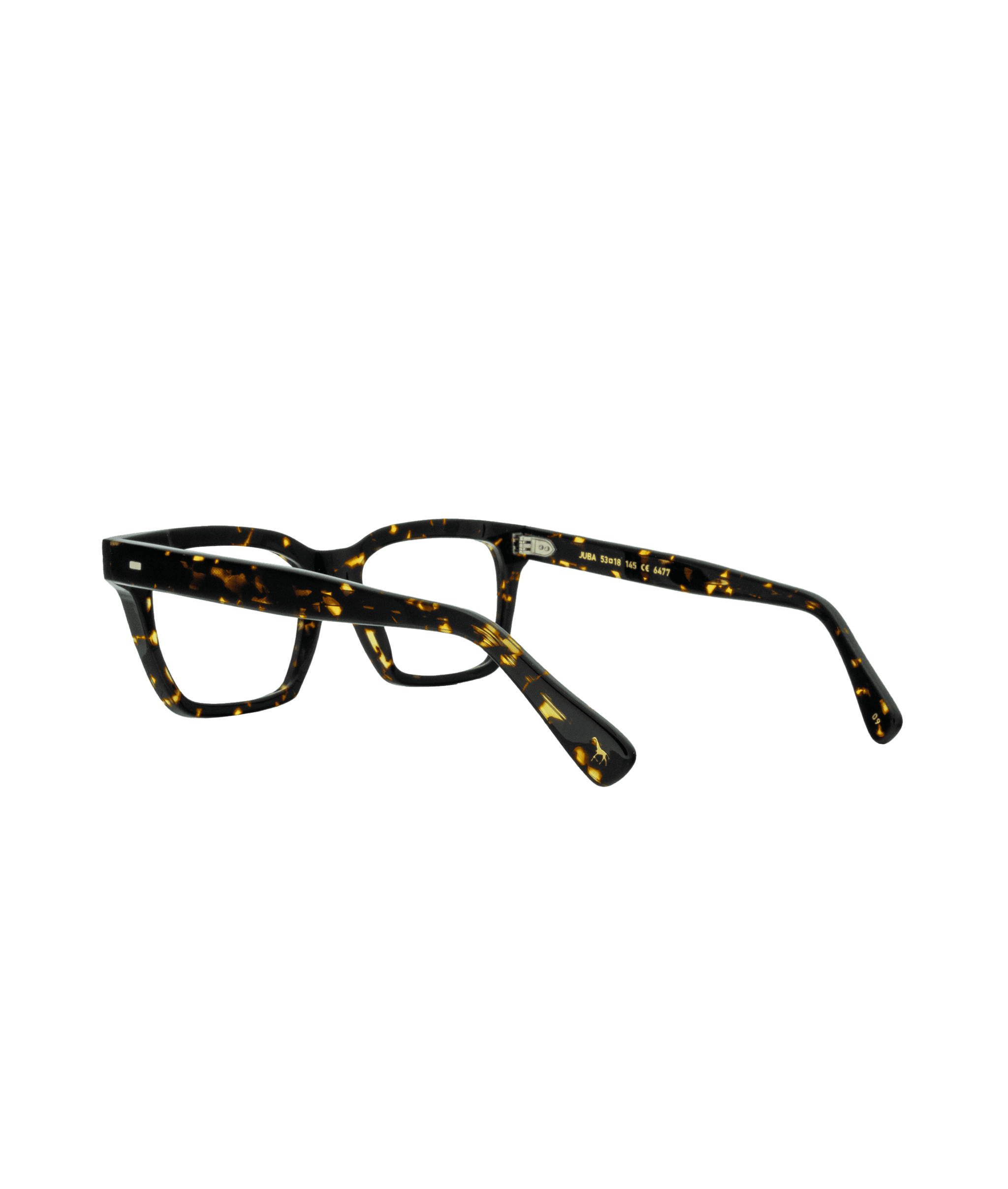 A pair of rectangular eyeglasses with a dark tortoiseshell pattern, featuring thick frames and arms, shown on a white background.