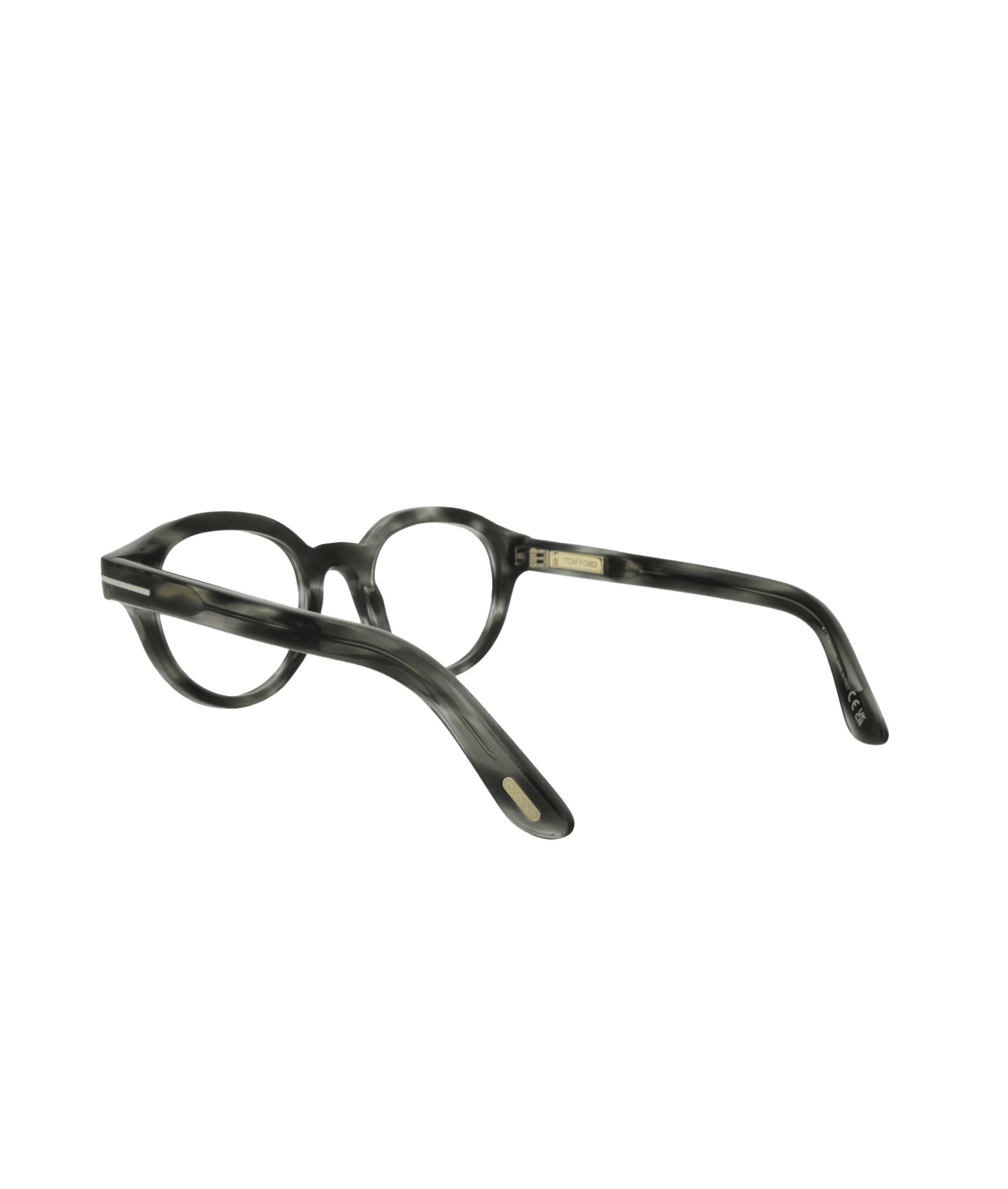 A pair of round, dark tortoiseshell eyeglasses with thick acetate frames, shown angled from the side against a plain white background.