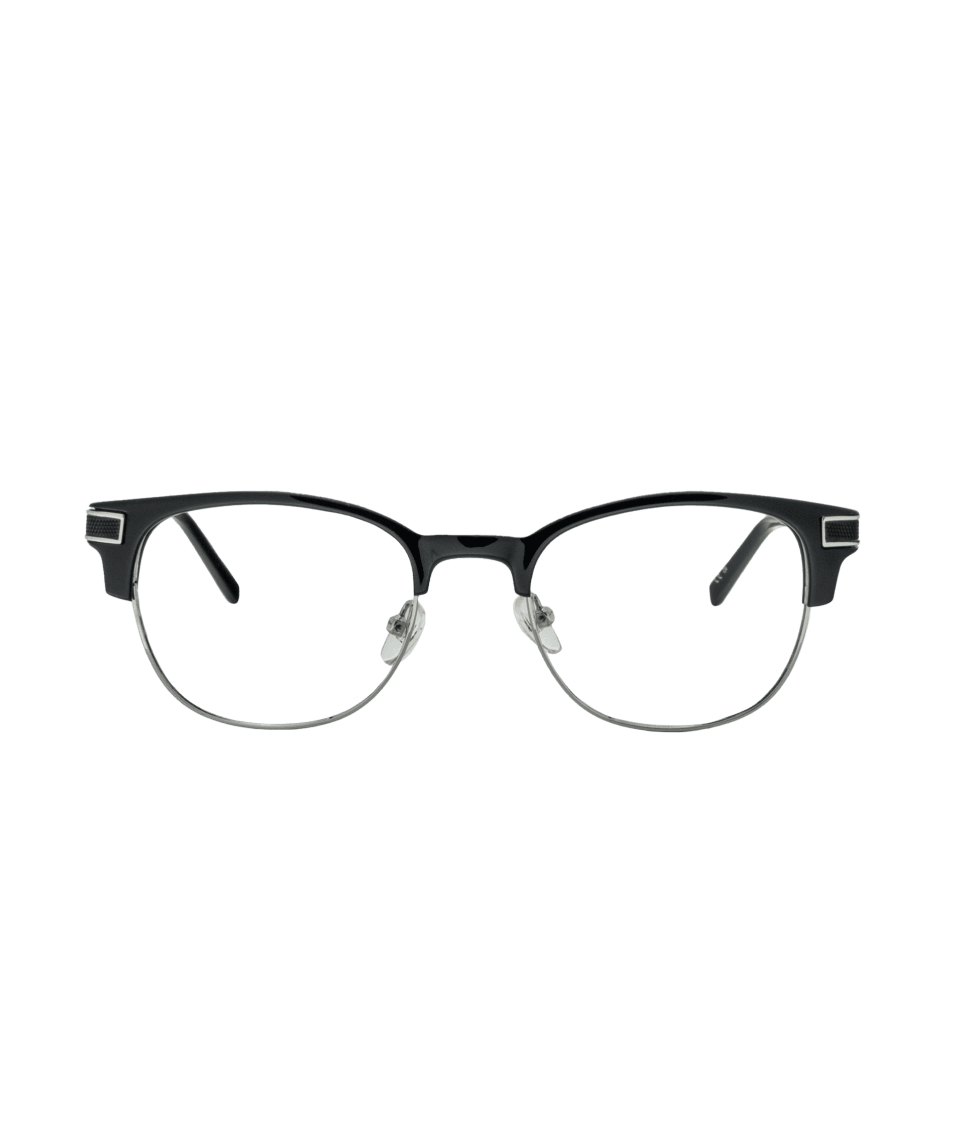 A pair of black and silver semi-rimless eyeglasses with clear lenses, nose pads, and rectangular frames, displayed on a plain white background.