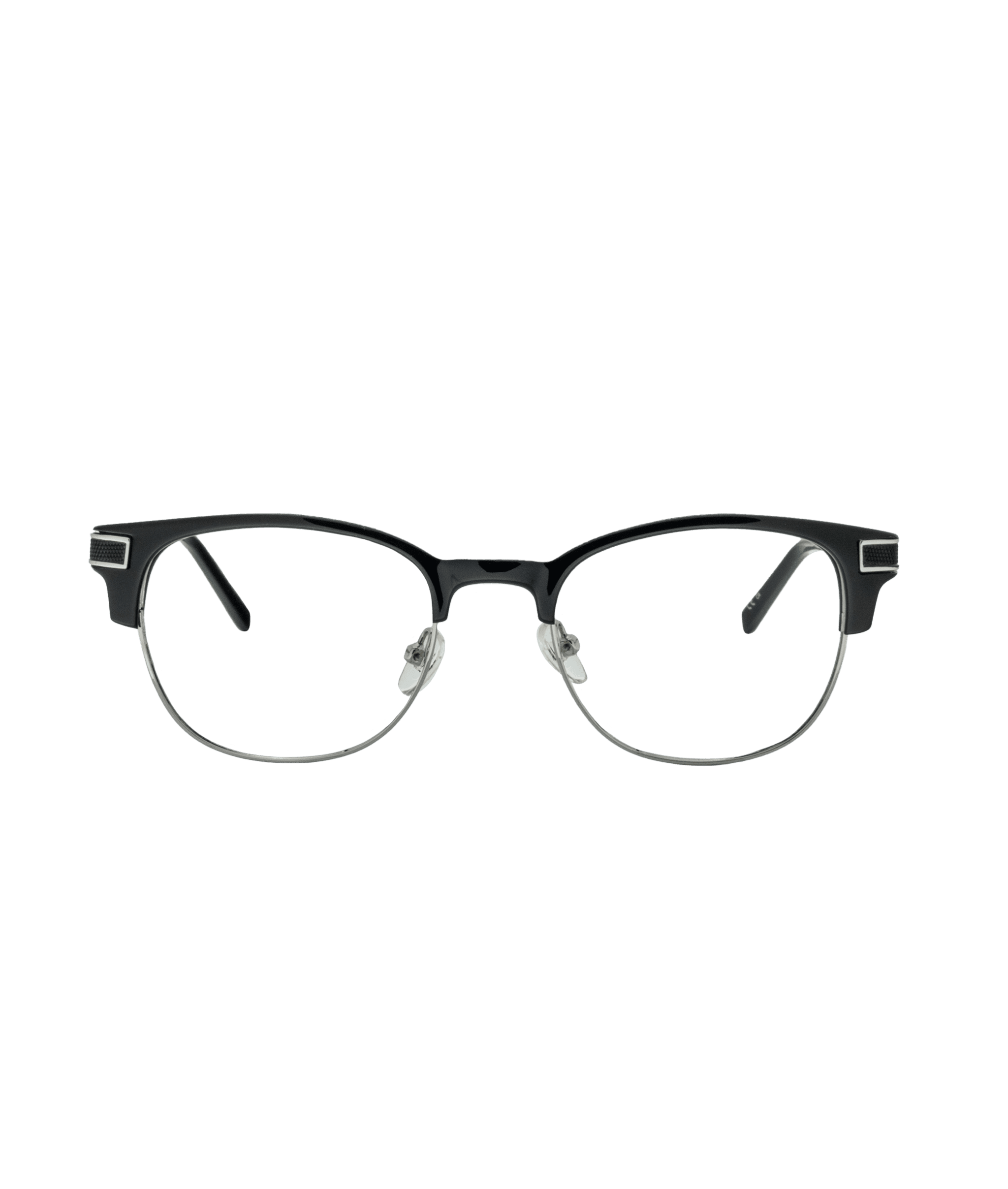 A pair of black and silver semi-rimless eyeglasses with clear lenses, nose pads, and rectangular frames, displayed on a plain white background.