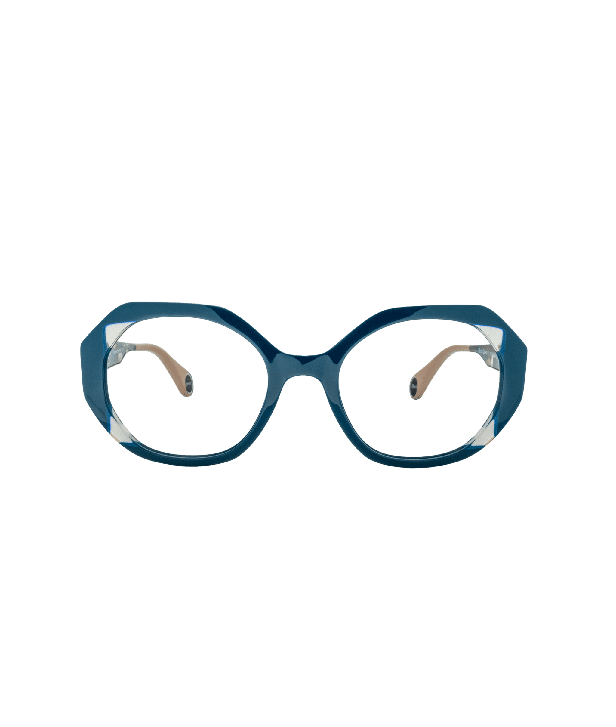 A pair of eyeglasses with bold, rounded blue frames and beige arms, displayed against a plain white background, facing forward.