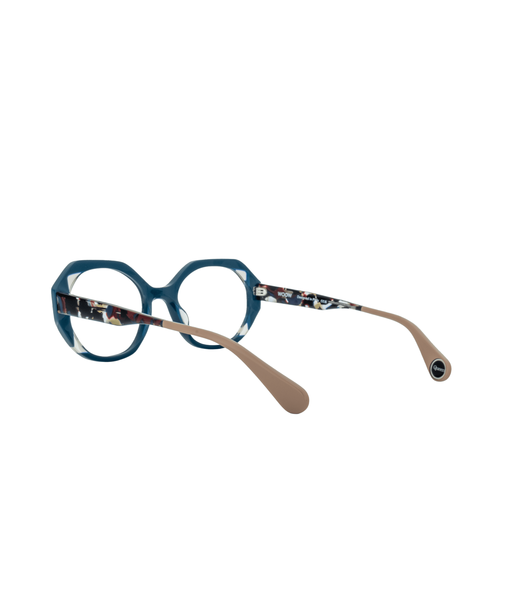 Round blue eyeglass frames with multicolored temples and beige temple tips, shown from an angle highlighting the sides and stylish design, set against a plain white background.