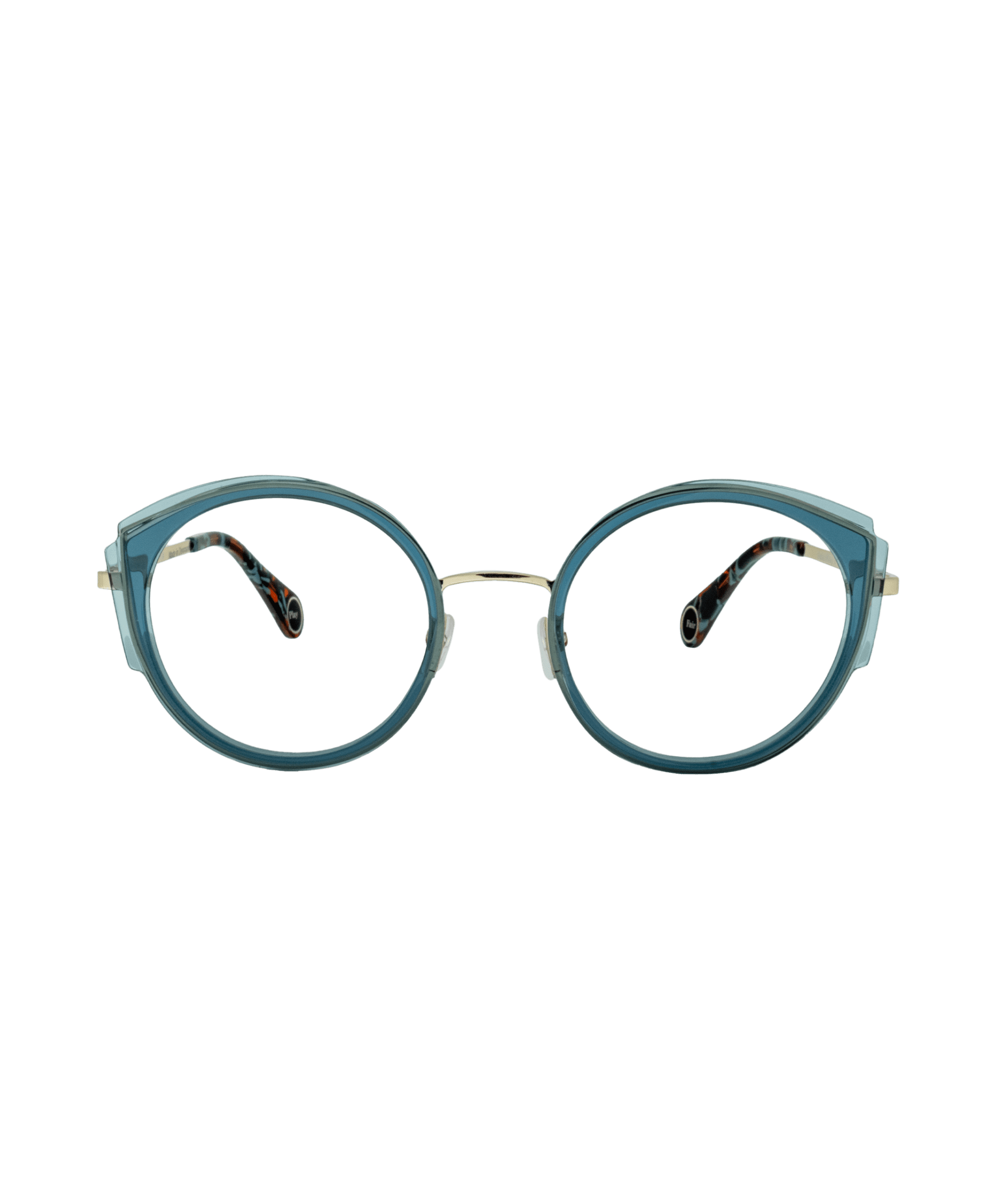 Blue oval eyeglasses with clear lenses, a thin gold bridge, and patterned temple arms, displayed on a white background facing forward.