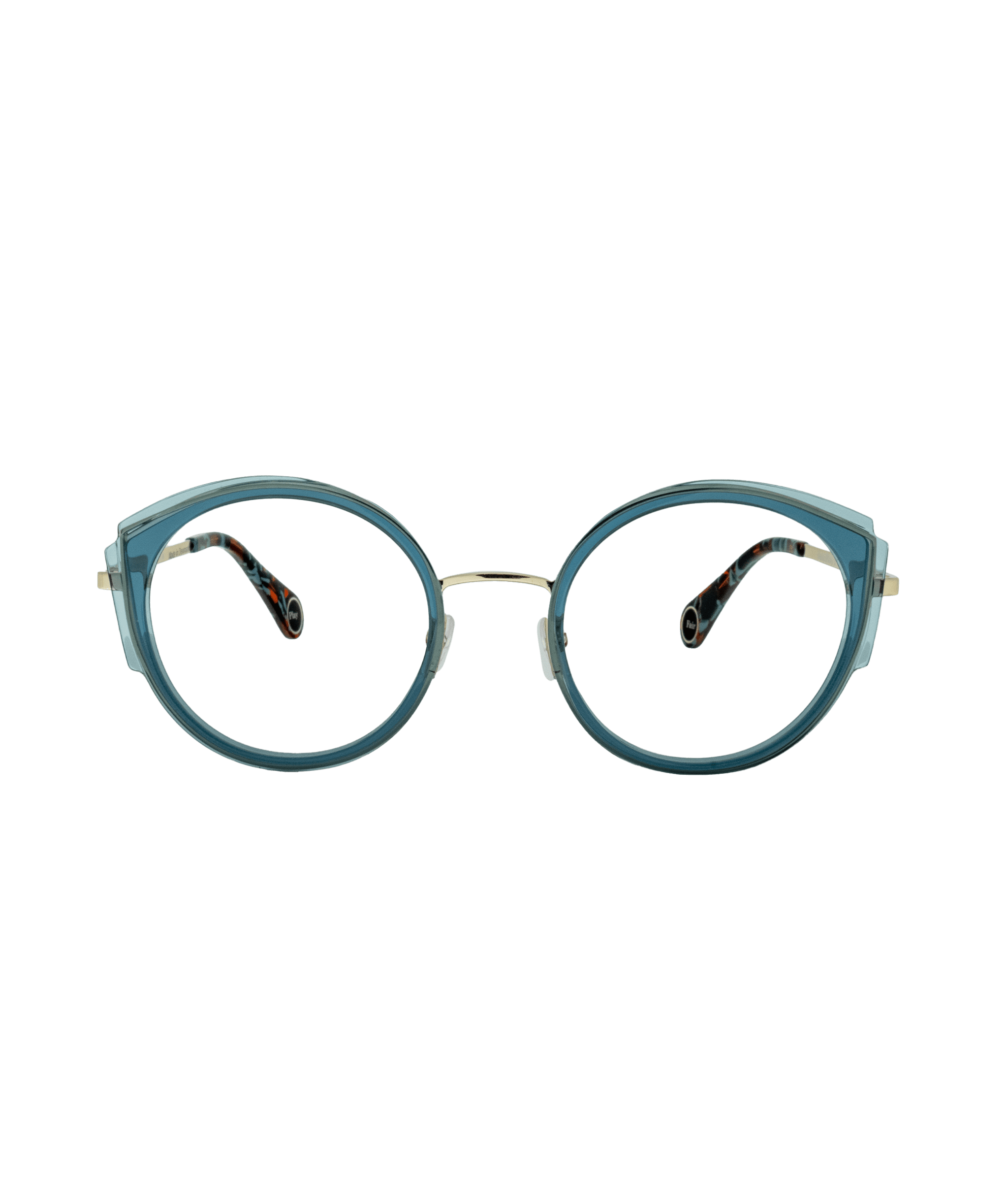 Blue oval eyeglasses with clear lenses, a thin gold bridge, and patterned temple arms, displayed on a white background facing forward.