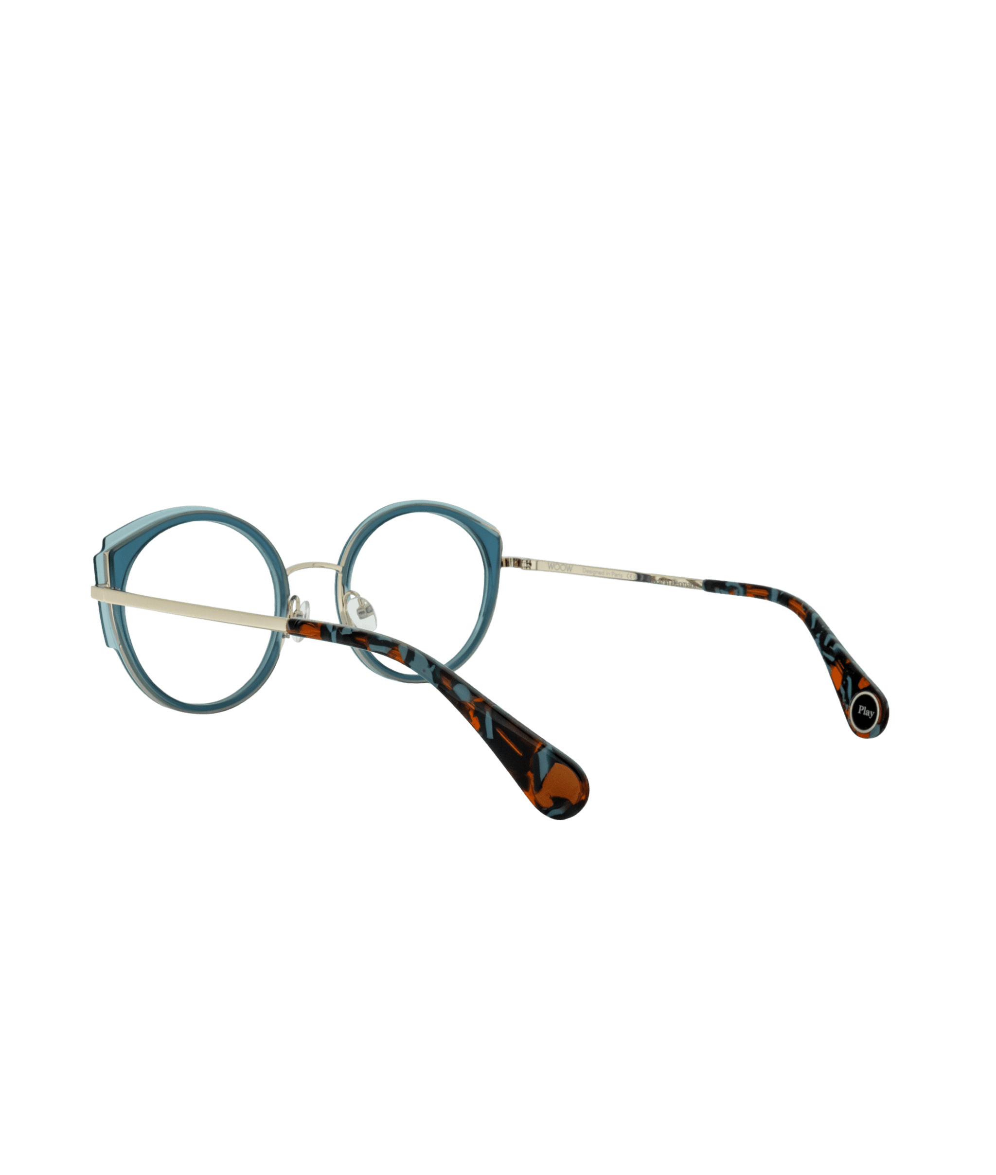 Round eyeglasses with blue frames, thin silver metal bridge and arms, and brown tortoiseshell-patterned temple tips, shown on a white background.