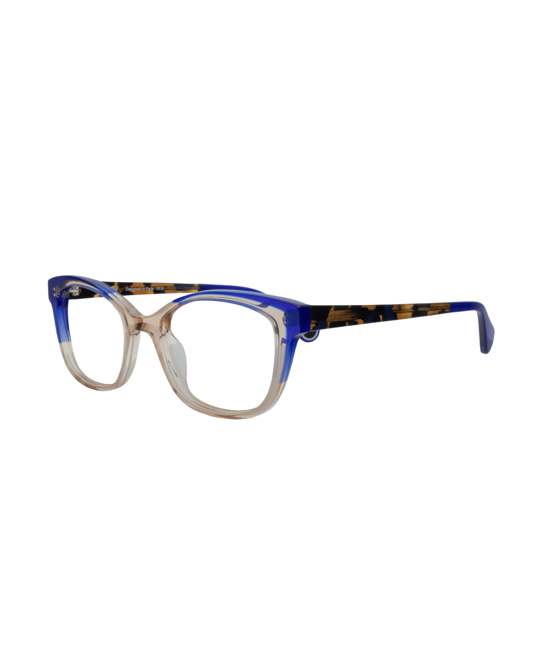 Eyeglasses with clear and blue gradient frames, featuring tortoiseshell-patterned arms, displayed against a plain white background.