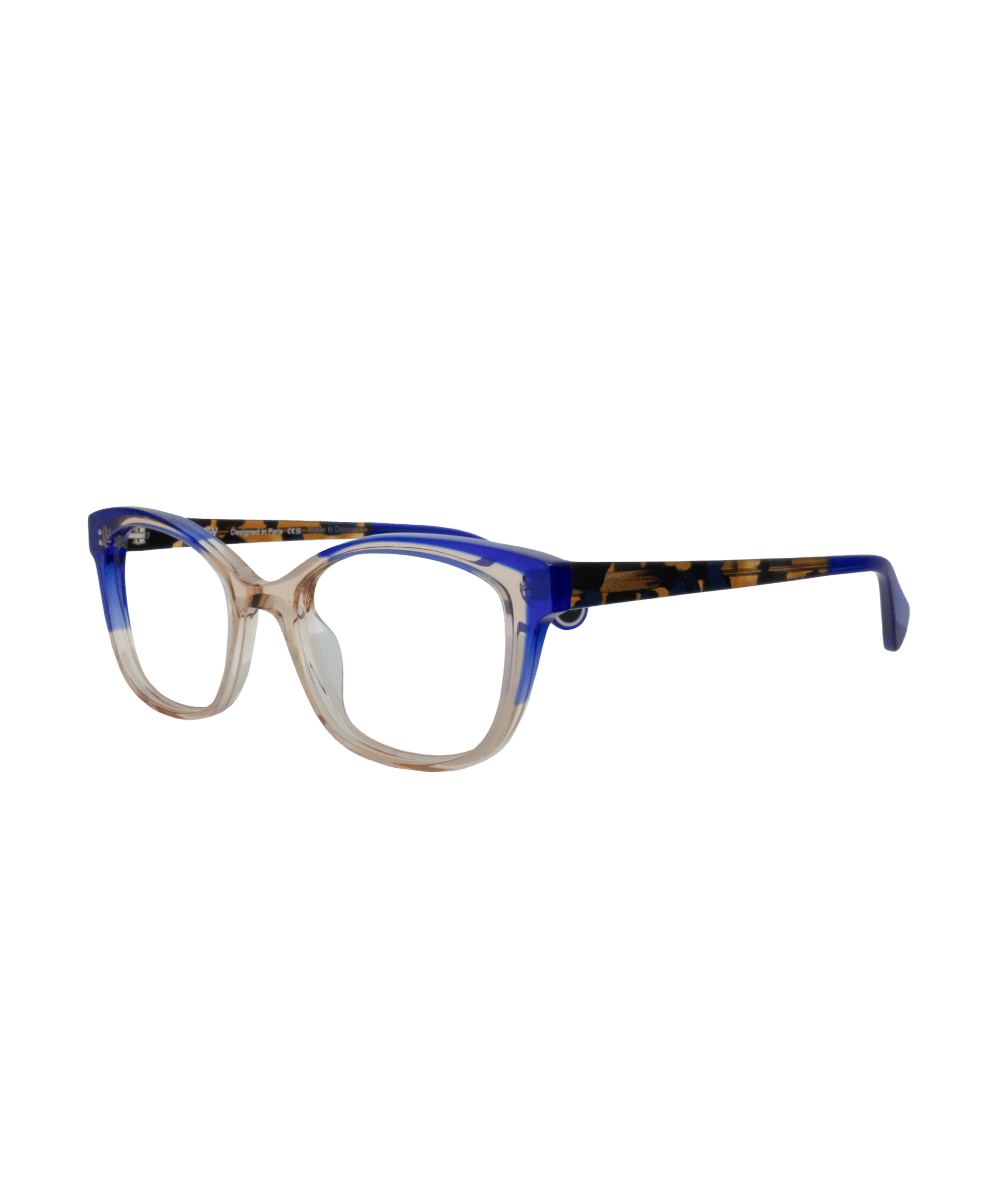 Eyeglasses with clear and blue gradient frames, featuring tortoiseshell-patterned arms, displayed against a plain white background.