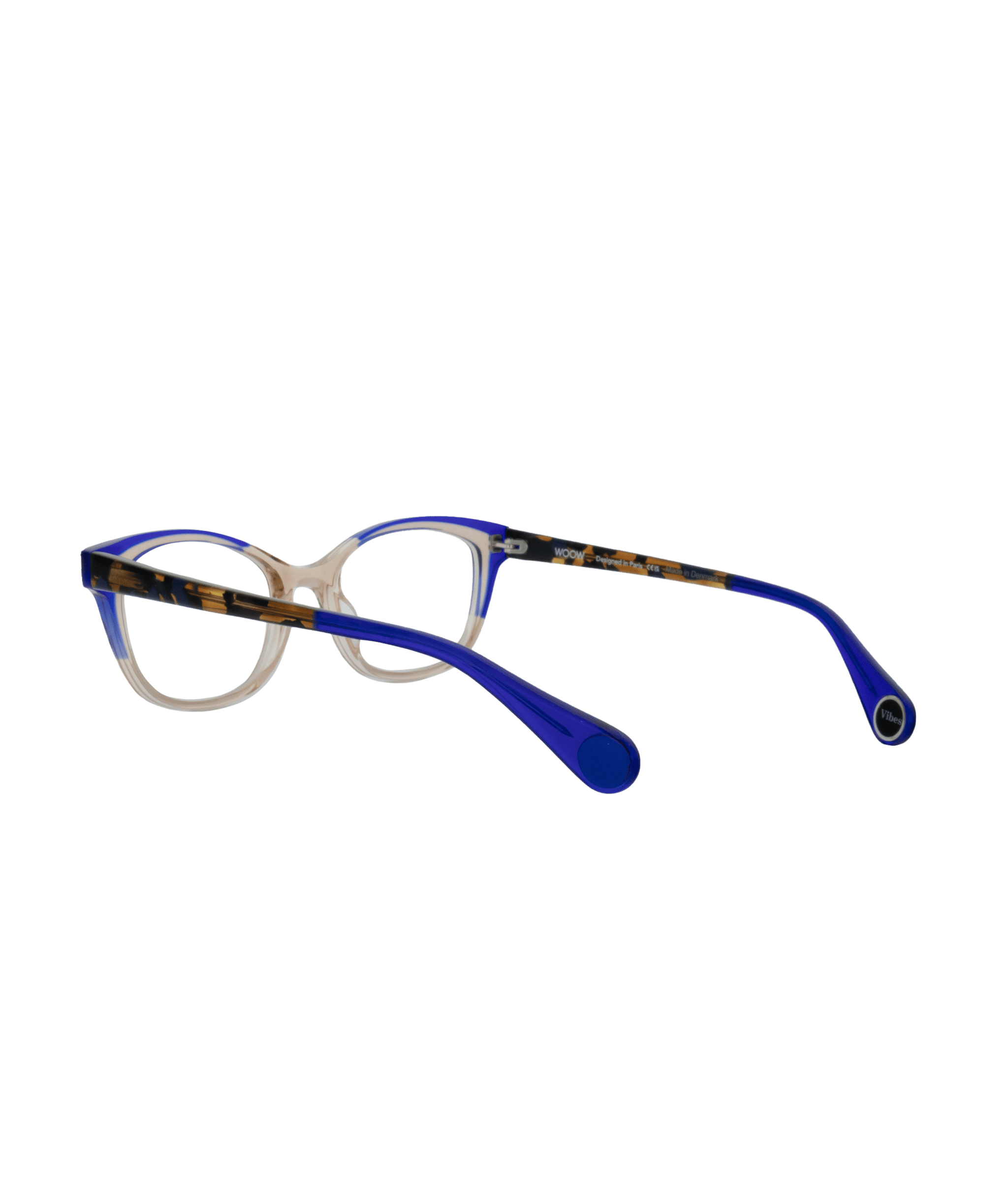 A pair of eyeglasses with clear round fronts, blue temple tips, and tortoiseshell-patterned arms, displayed on a white background.
