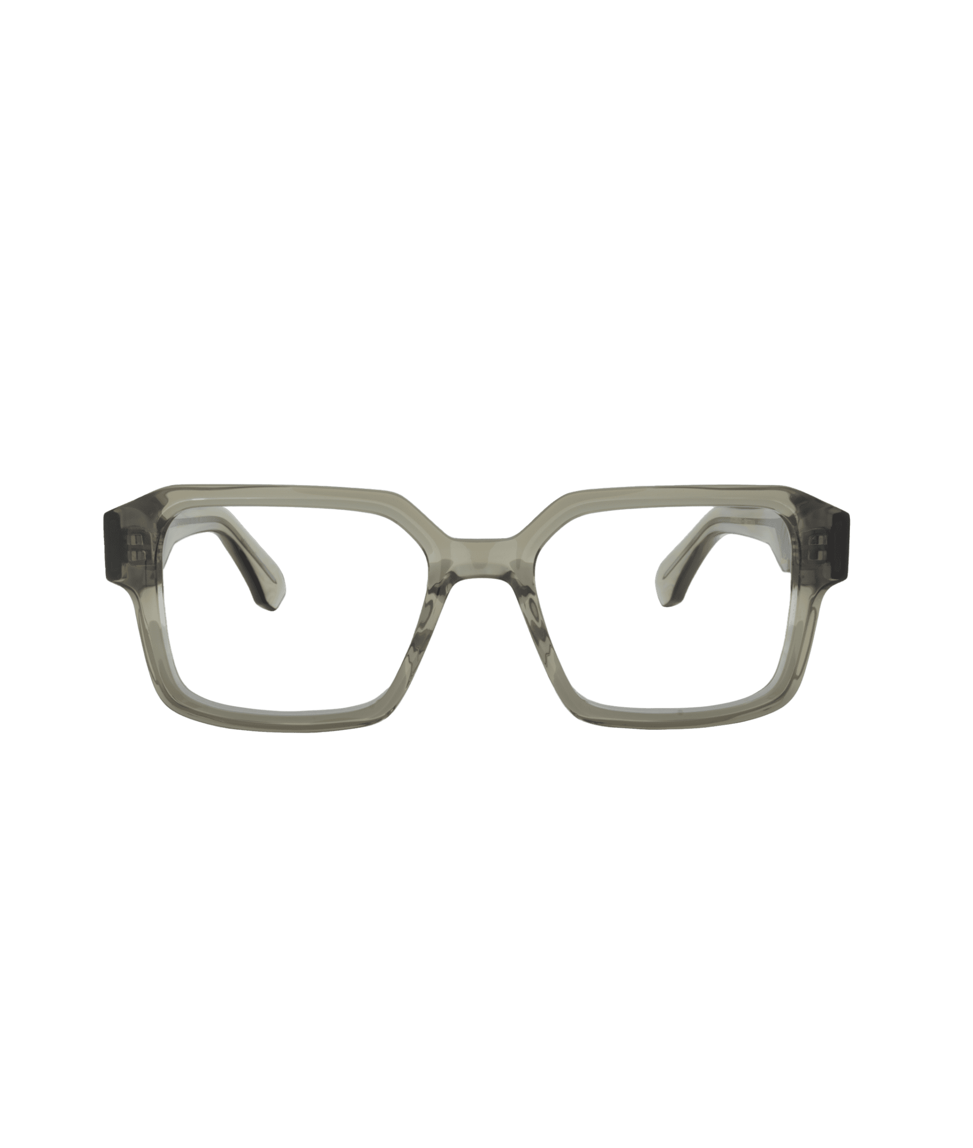 Transparent gray rectangular eyeglass frames with thick rims and wide temples, displayed against a plain white background.