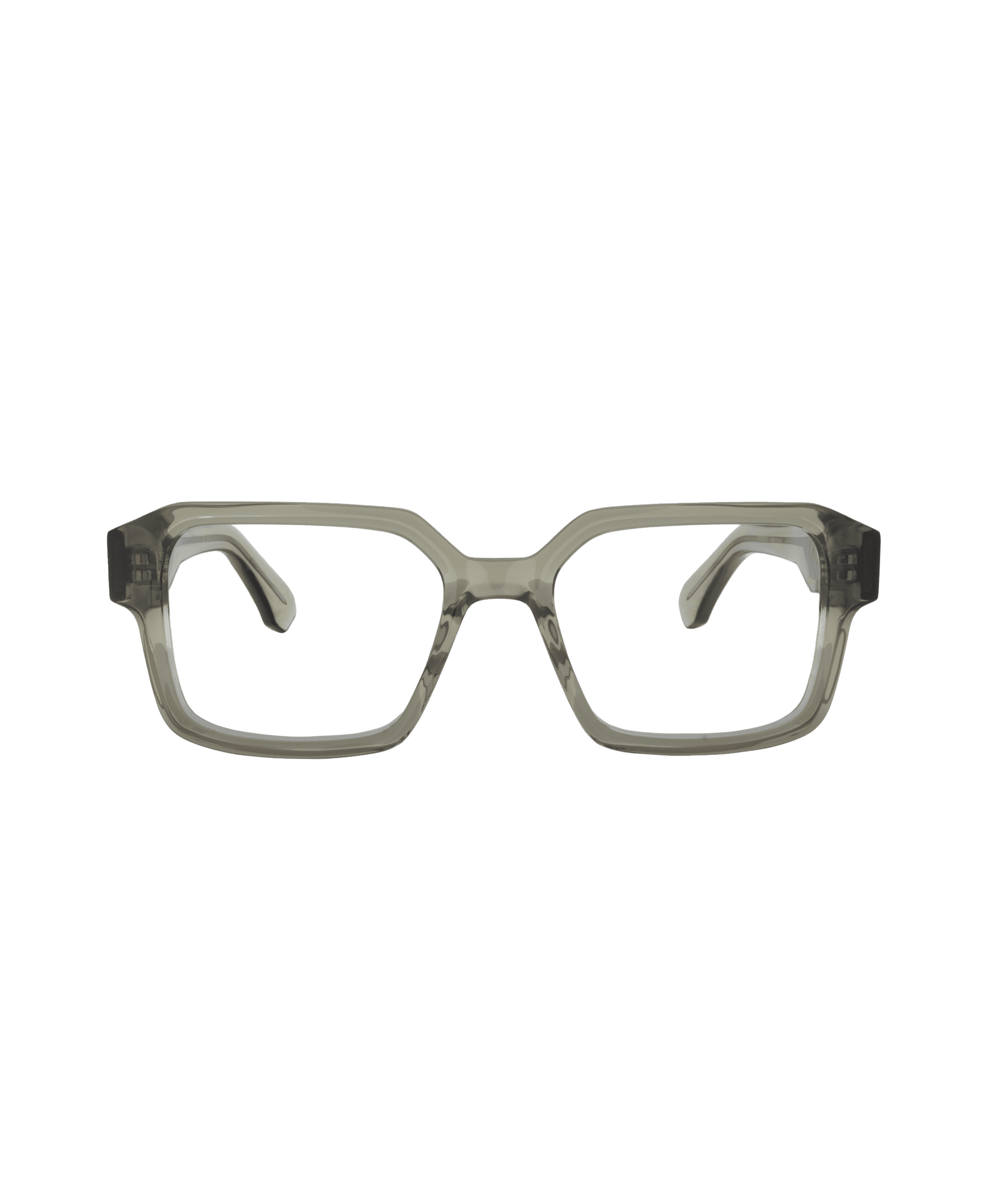 Transparent gray rectangular eyeglass frames with thick rims and wide temples, displayed against a plain white background.