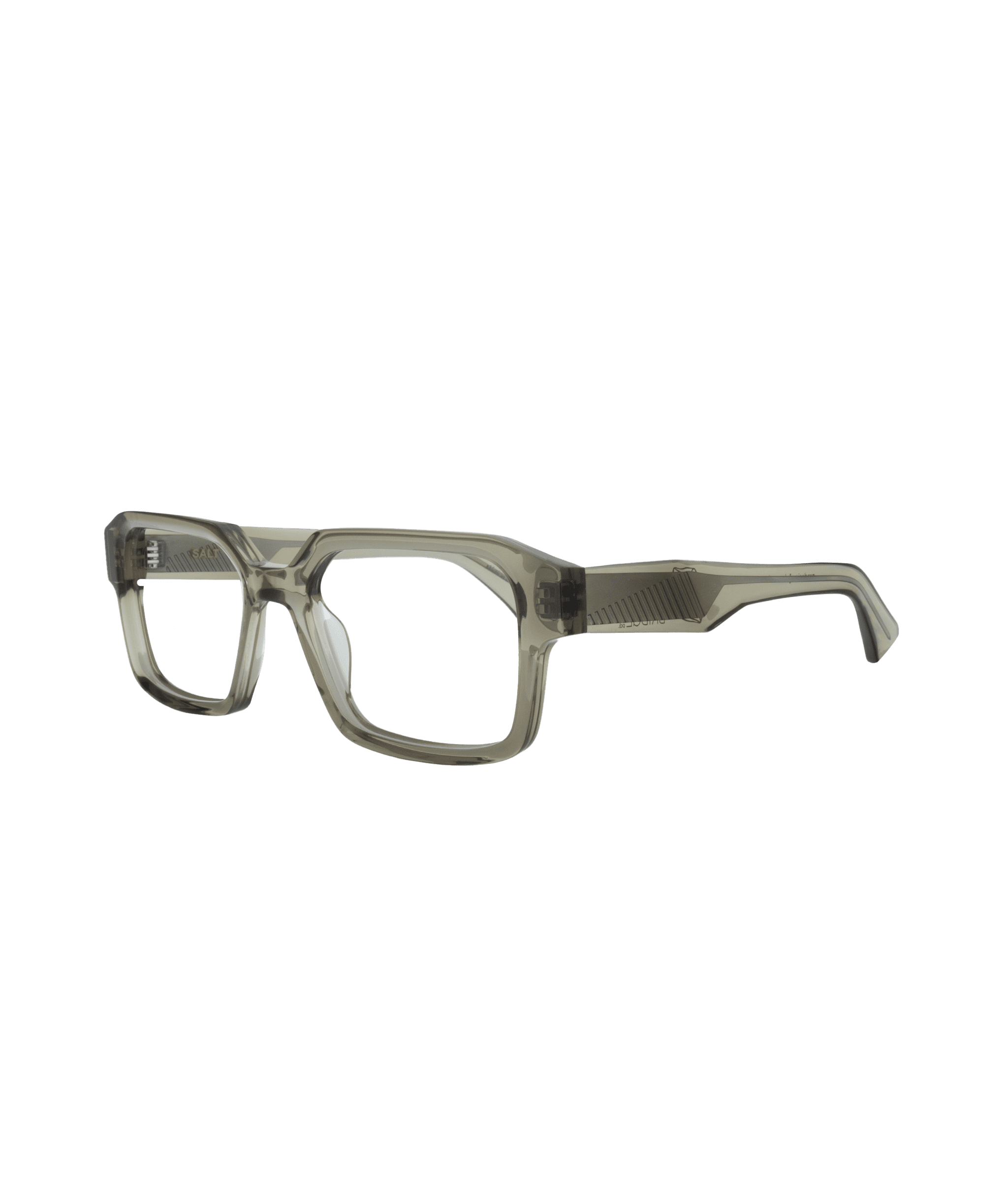 Clear acetate eyeglass frames with a rectangular shape and thick, angular arms, displayed on a plain white background.