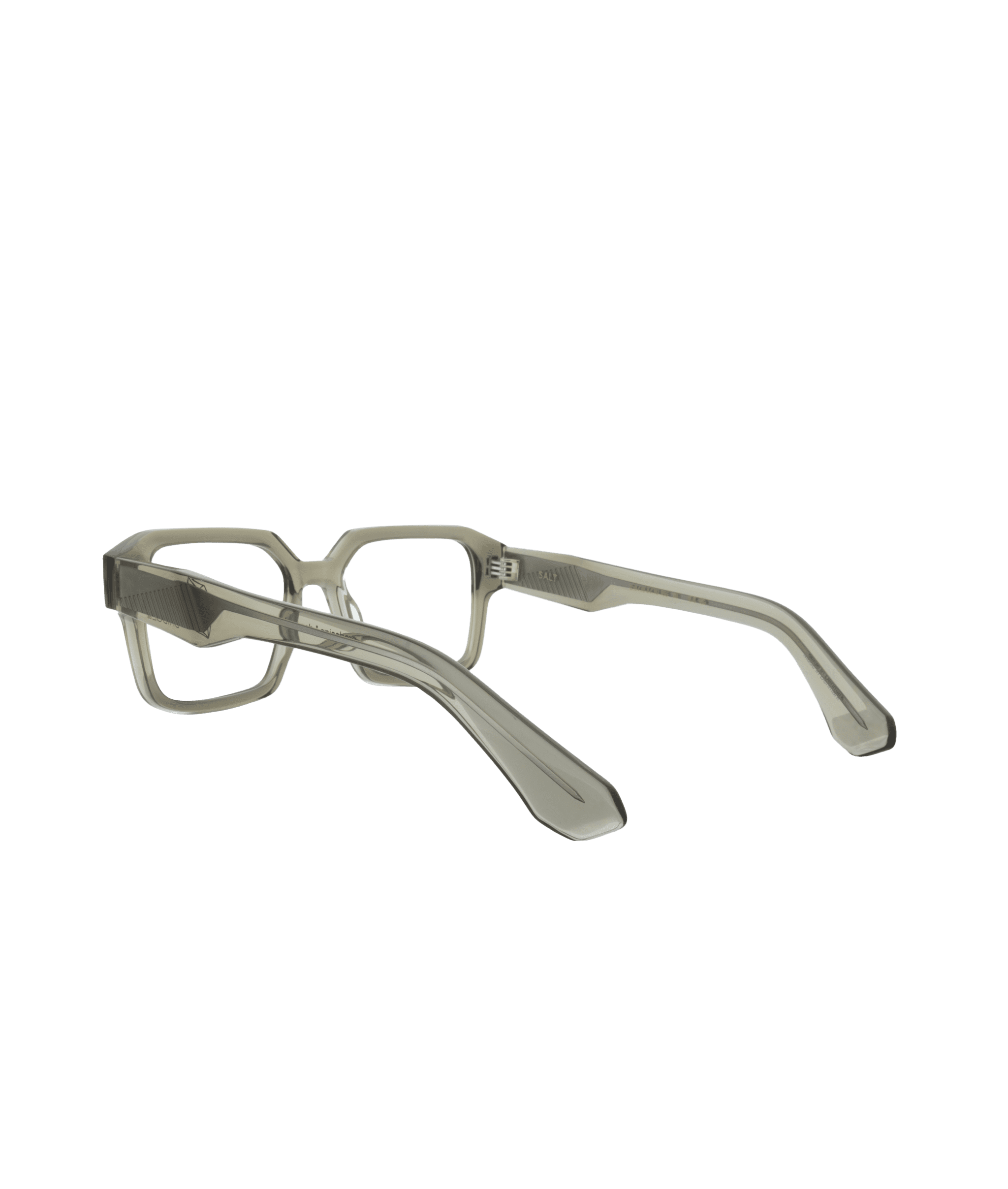 Clear acetate rectangular eyeglasses with thick, transparent light gray frames and wide arms, positioned on a white background, angled to show the side and front.
