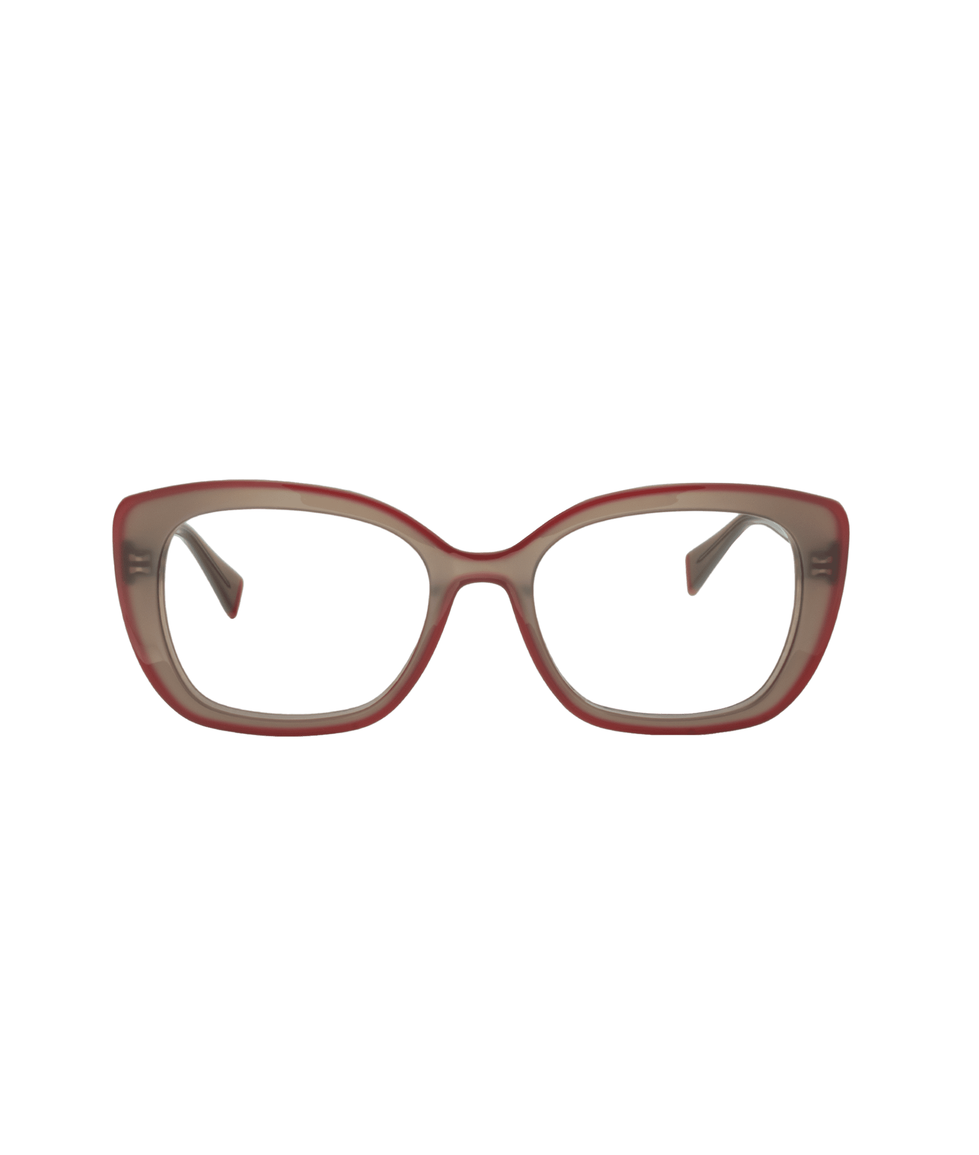 Cat-eye eyeglasses with a thick, two-tone frame in shades of brown and reddish-pink, displayed on a white background.