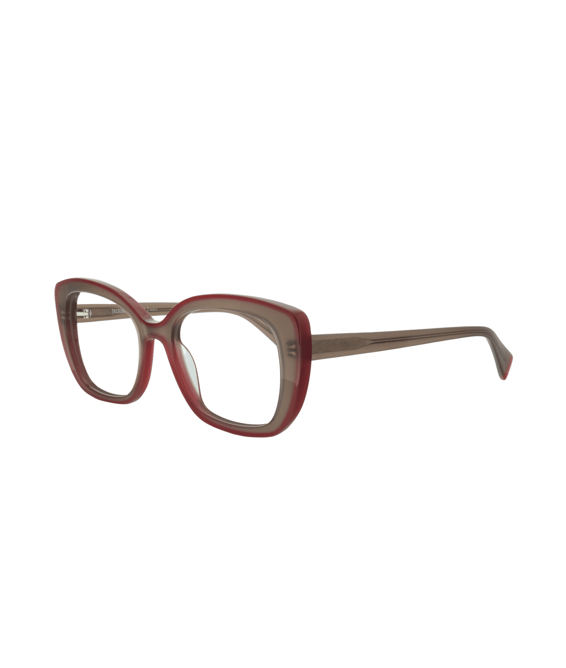 Monture féminine et élégante, avec un devant en brun nude raffiné, subtilement encadré d’un contour rouge pour un contraste délicat et sophistiqué. Un design raffiné qui allie douceur et caractère, parfait pour illuminer le regard avec style.