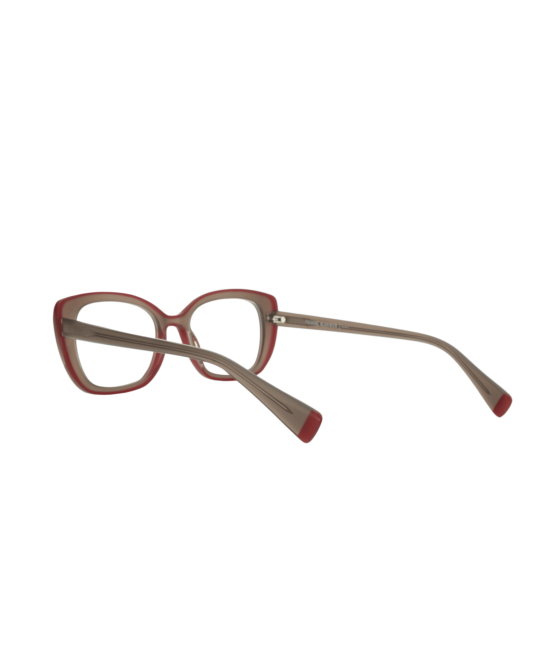 Red and taupe eyeglasses with square lenses, wide temples, and a slightly cat-eye frame design, shown on a white background.
