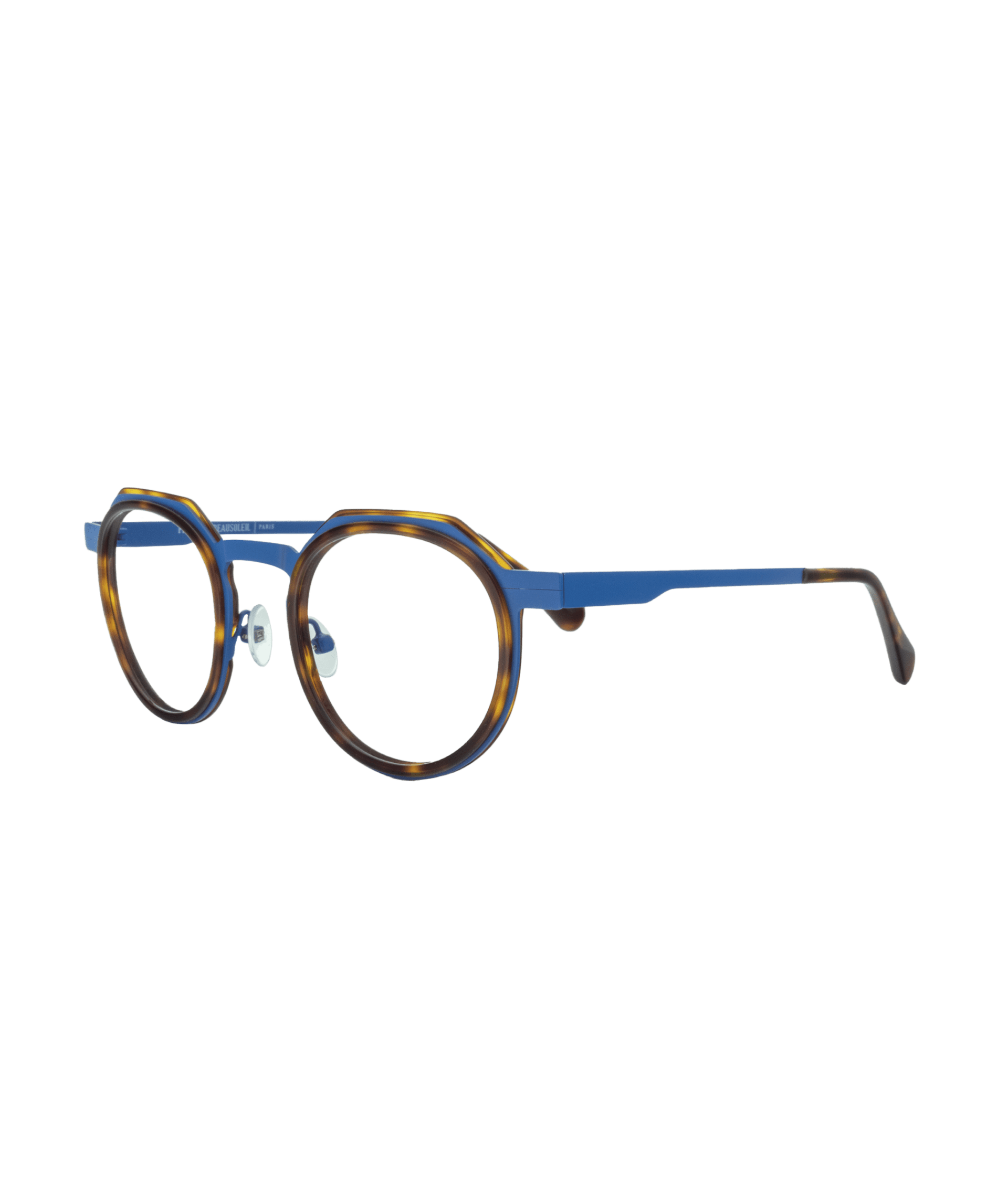 Round eyeglasses with tortoiseshell frames, blue metal arms, clear nose pads, and black temple tips, shown on a white background.