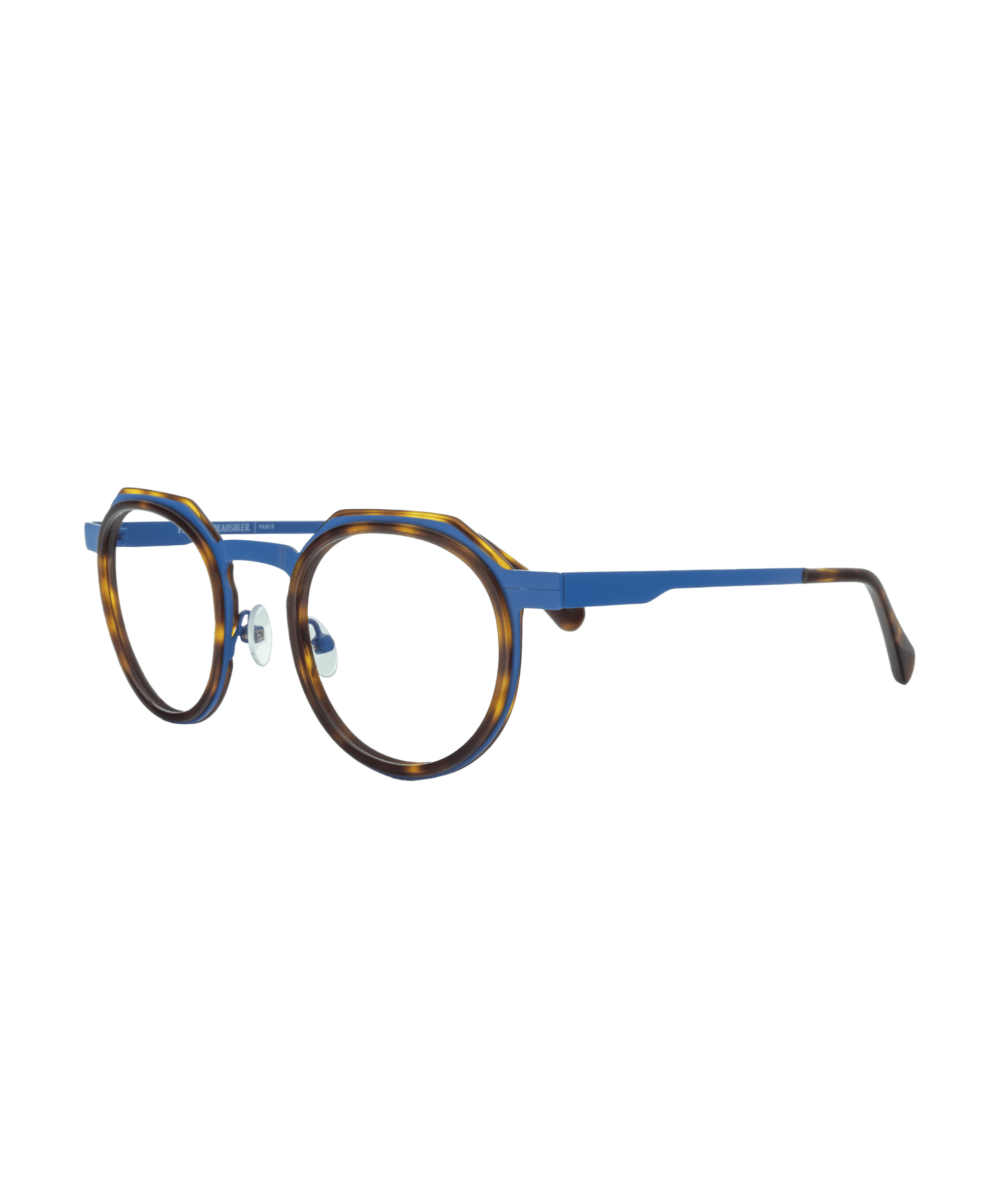 Round eyeglasses with tortoiseshell frames, blue metal arms, clear nose pads, and black temple tips, shown on a white background.