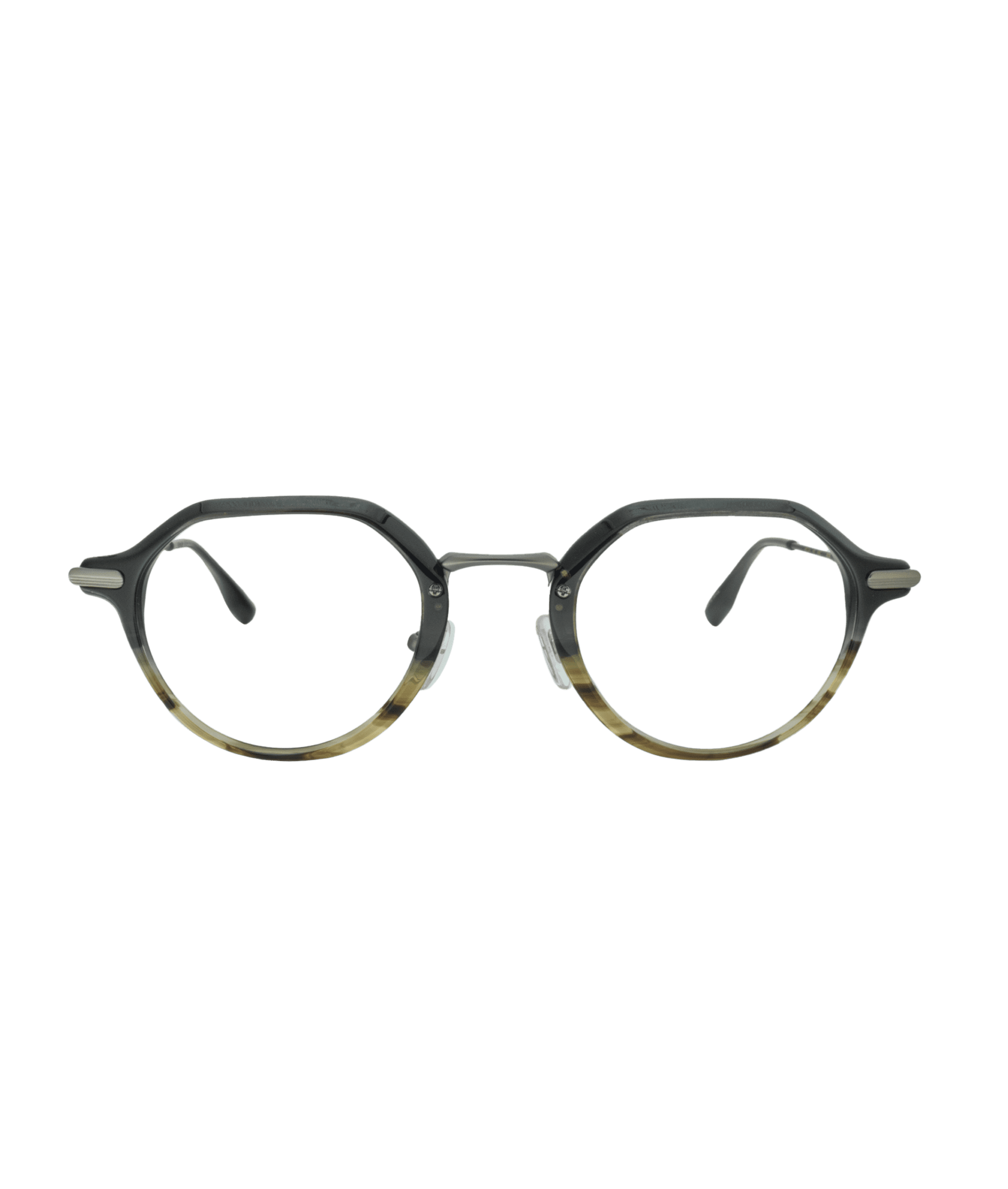 Round eyeglasses with dark upper rims and lighter, translucent lower rims. The frames have a subtle two-tone design with clear nose pads and slightly curved arms, set against a plain white background.