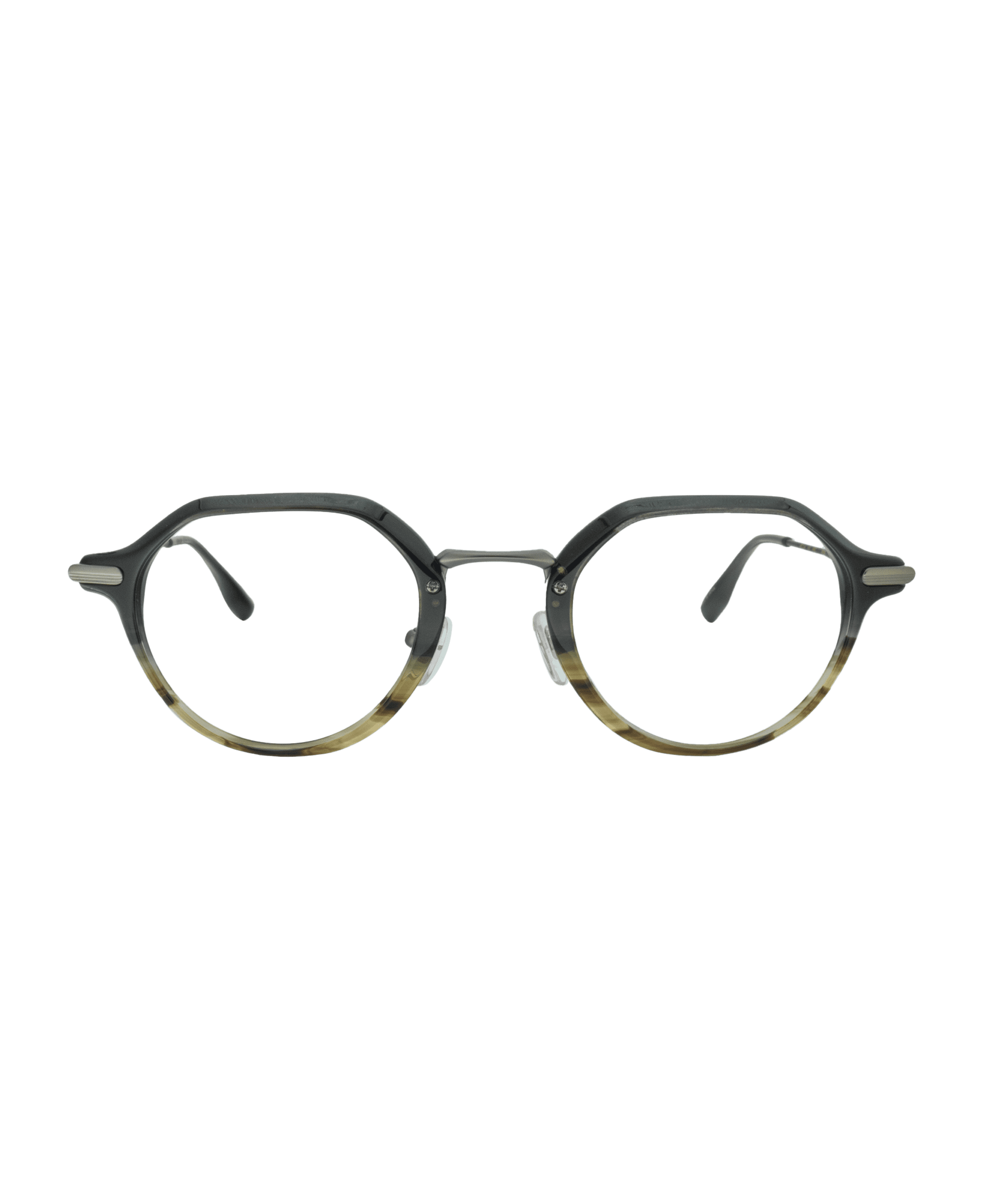 Round eyeglasses with dark upper rims and lighter, translucent lower rims. The frames have a subtle two-tone design with clear nose pads and slightly curved arms, set against a plain white background.