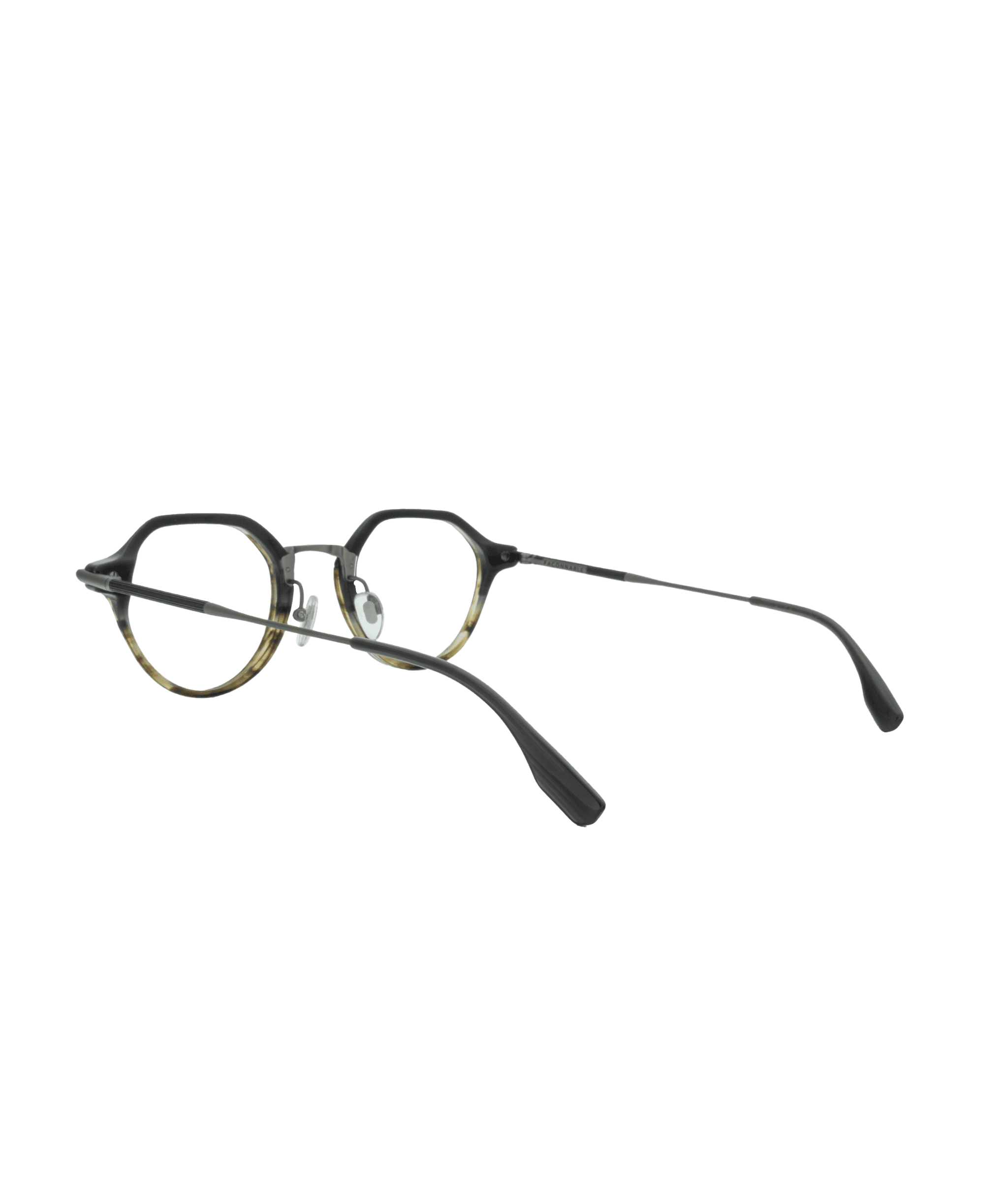 A pair of round eyeglasses with dark, thin metal temples and nose pads, shown from a rear angle against a plain white background. The frame front is dark with a subtle gradient.