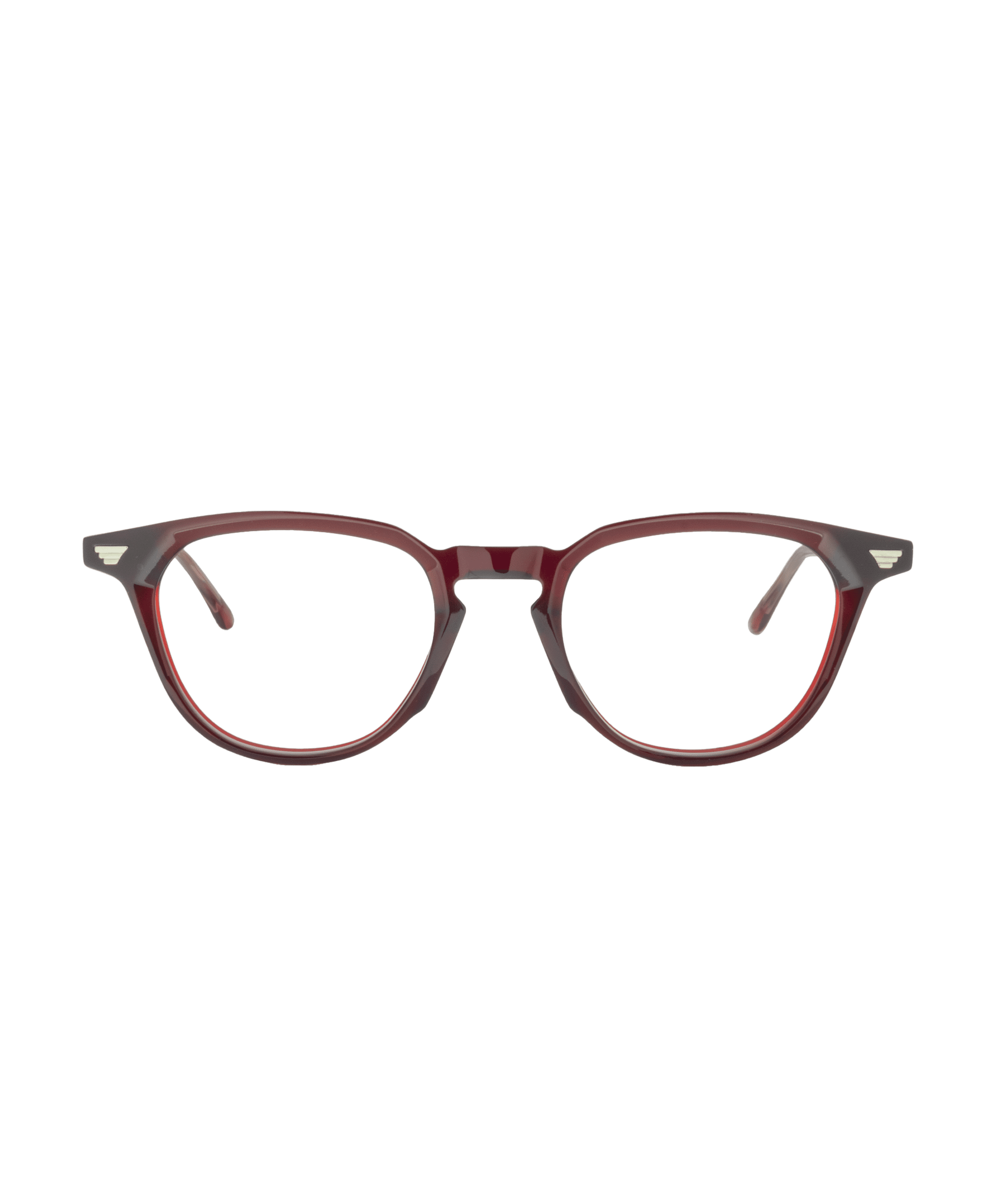 A pair of red-brown eyeglasses with a slight cat-eye shape, clear lenses, and subtle metallic accents on the upper corners of the frames, displayed against a plain white background.