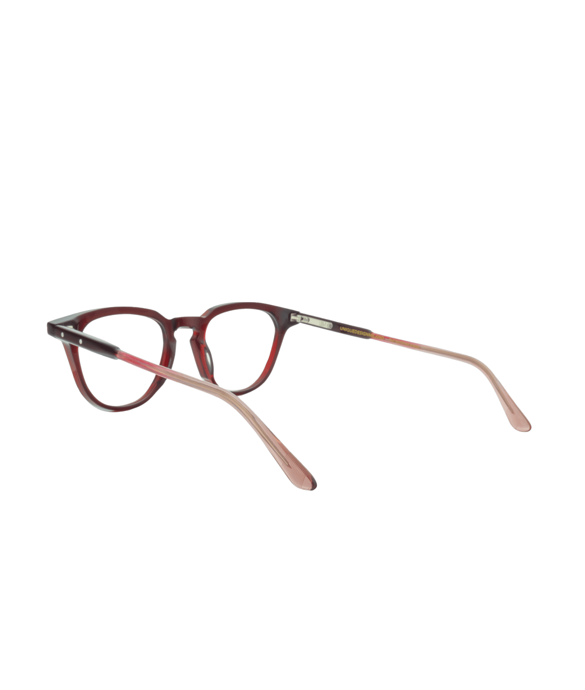 Red and pink eyeglasses with round lenses and transparent pink temples, displayed on a white background.