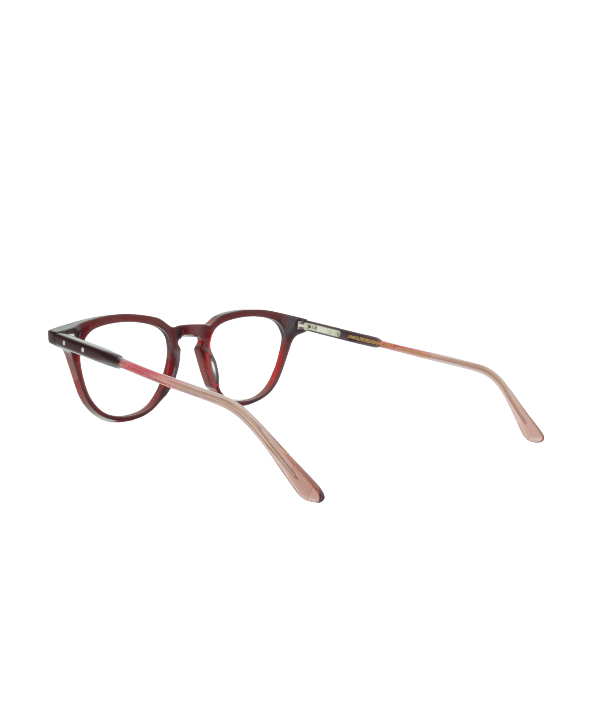 Red and pink eyeglasses with round lenses and transparent pink temples, displayed on a white background.