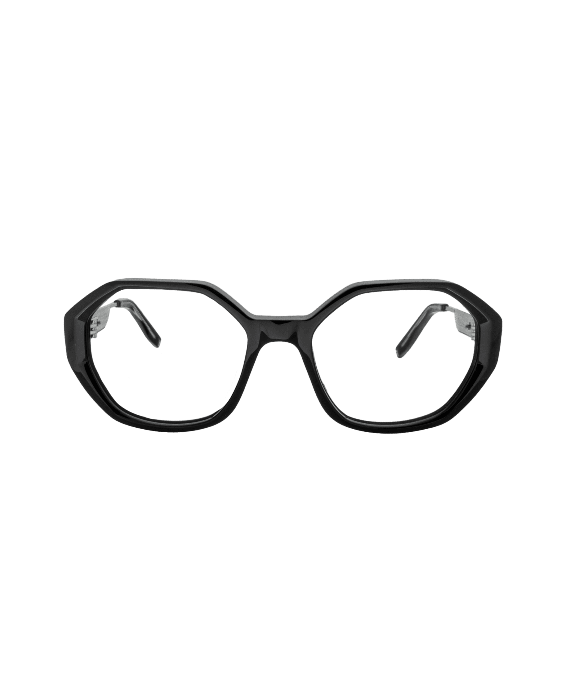 Black geometric eyeglass frames with a bold, angular design, shown from the front against a white background.