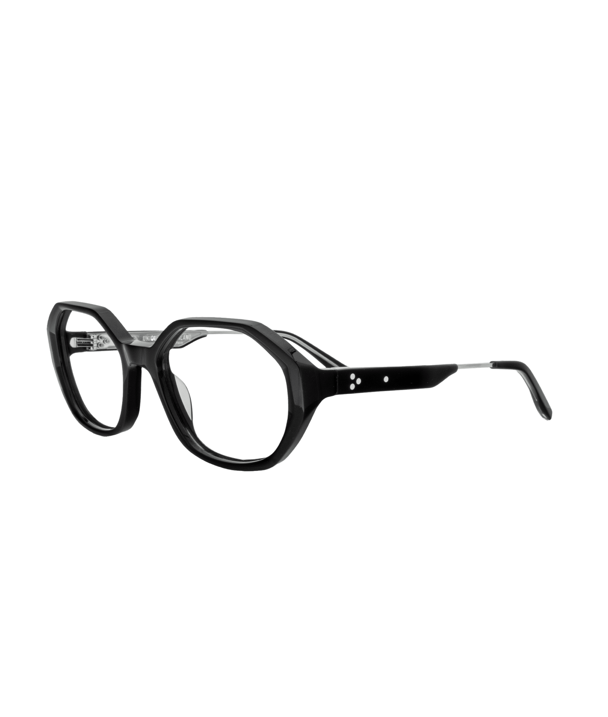 Black eyeglasses with thick, geometric frames and rounded lenses, featuring metal accents on the temples and solid black arms.