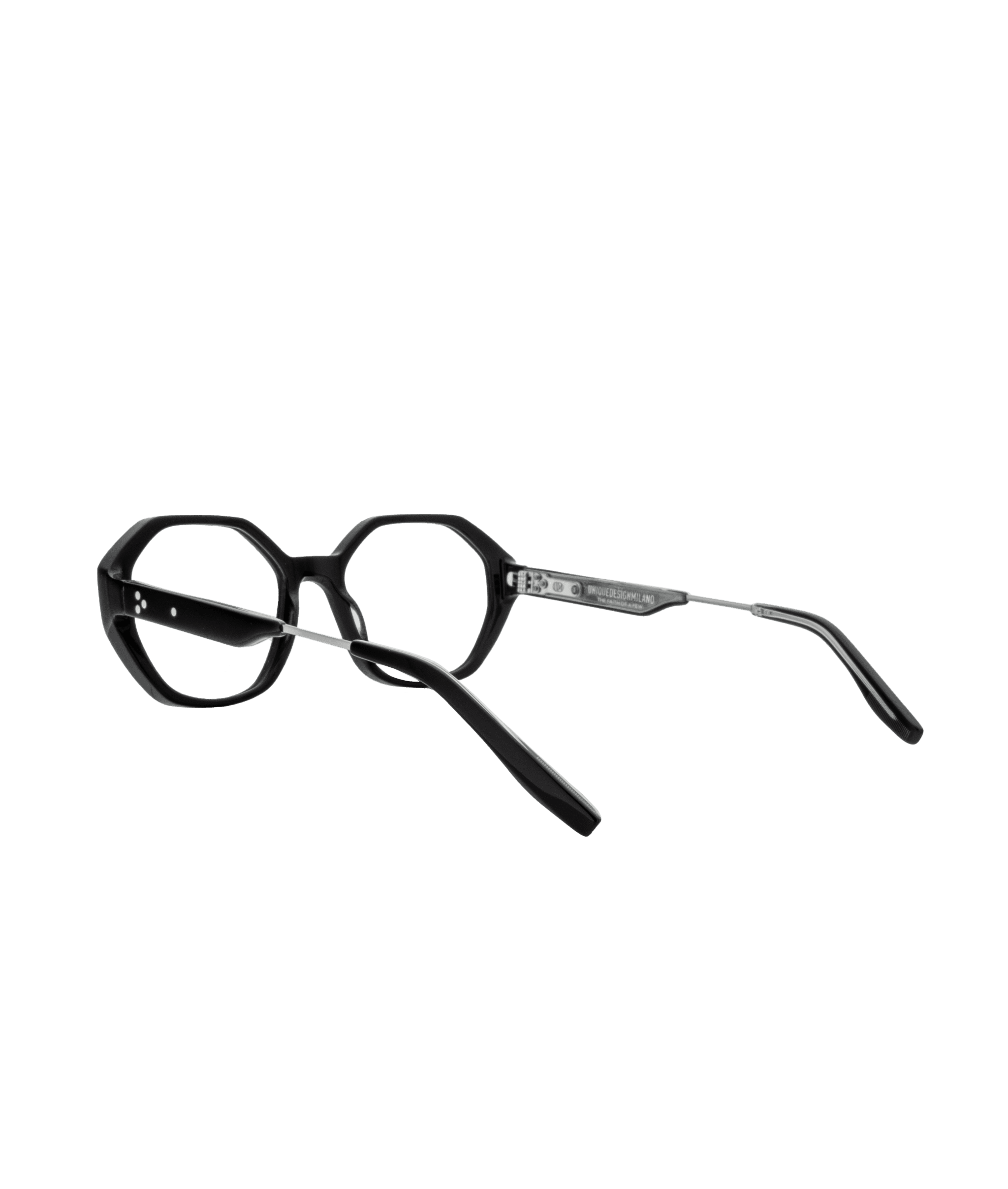 A pair of black, geometric-shaped eyeglasses with thick frames and thin metal arms, positioned at an angle on a white background.