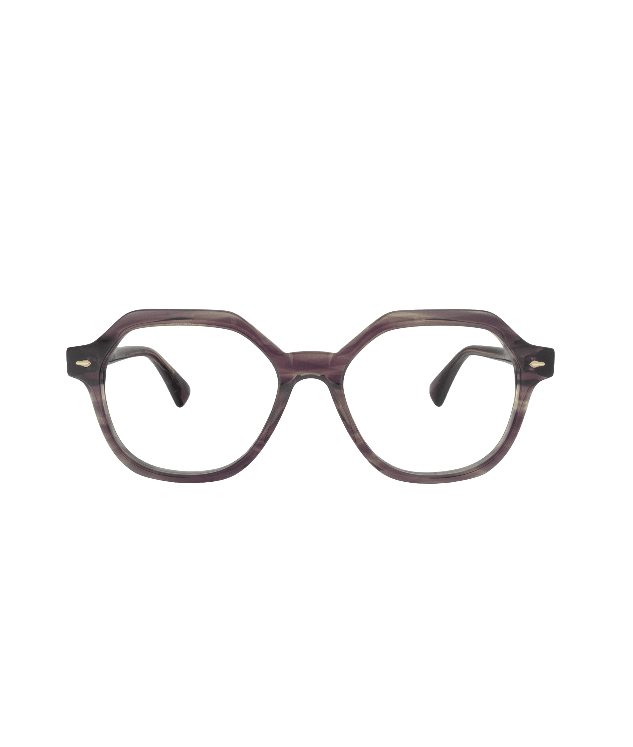 A pair of eyeglasses with a geometric, slightly rounded hexagonal frame in translucent purple acetate, shown from the front on a white background.