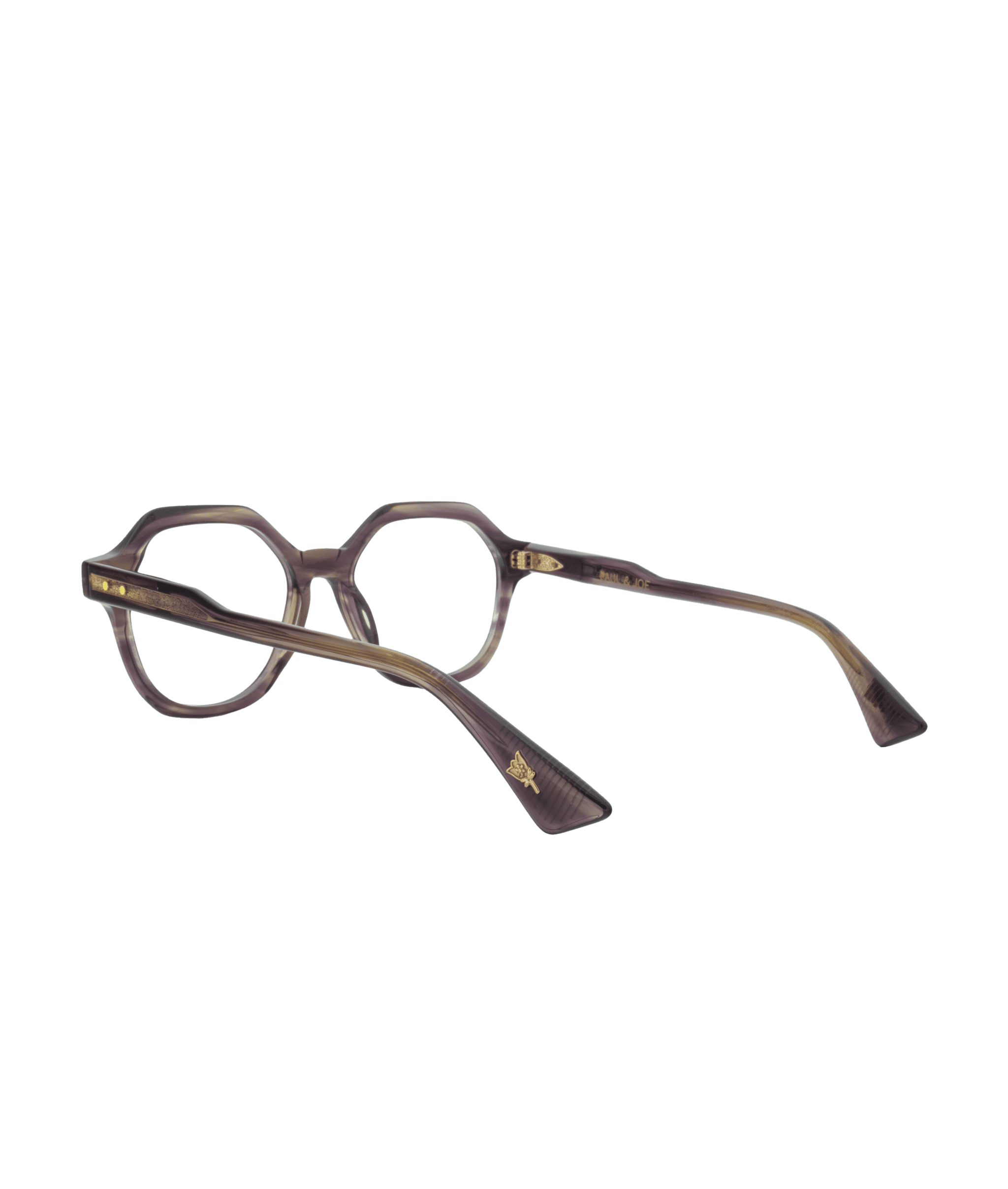 A pair of round, purple and brown tortoiseshell eyeglasses with thick frames, angled to show the arms and front, set against a plain white background.