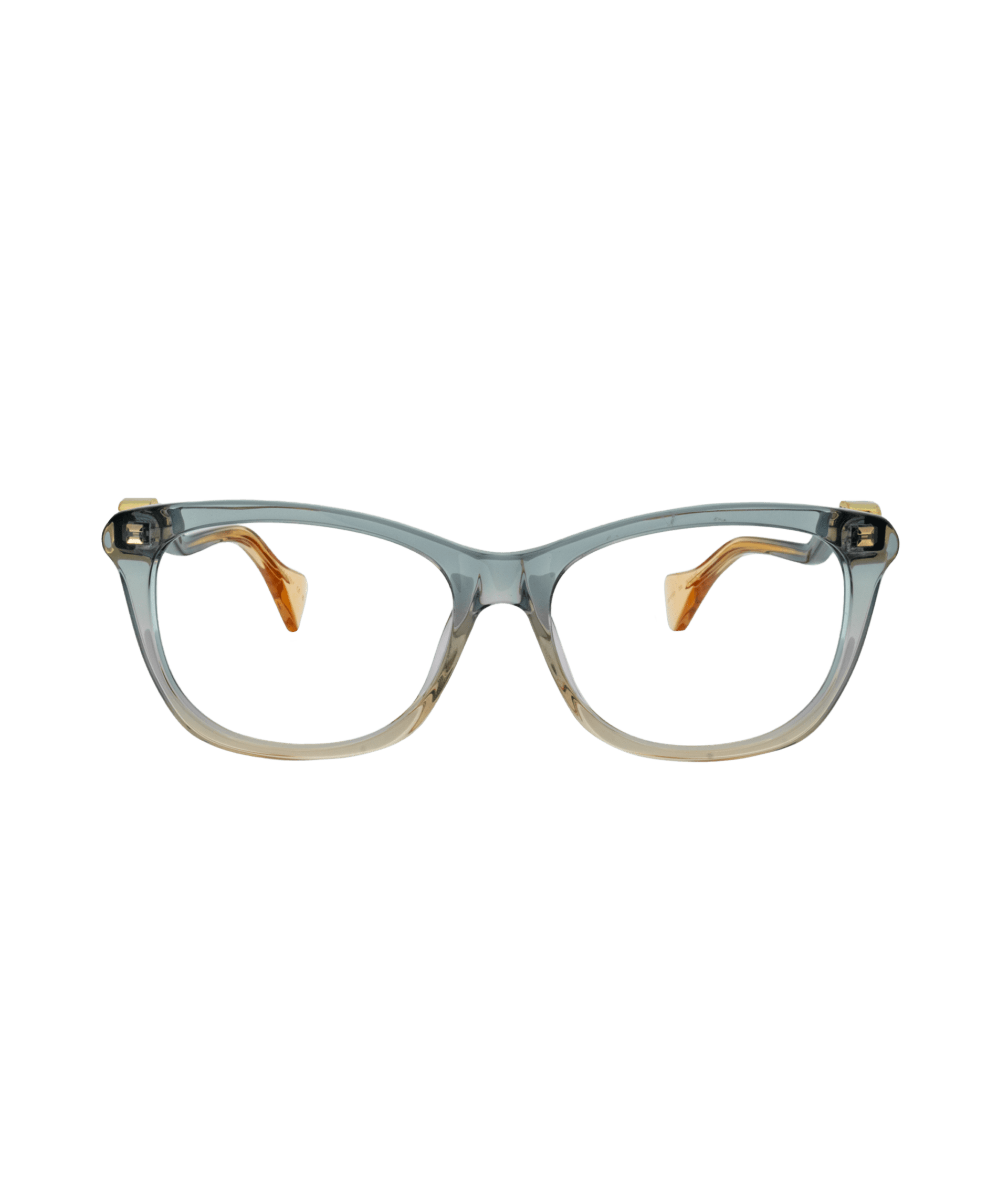 Glasses with translucent gray frames and rectangular lenses, featuring amber-colored temple tips. The glasses are positioned upright against a white background.