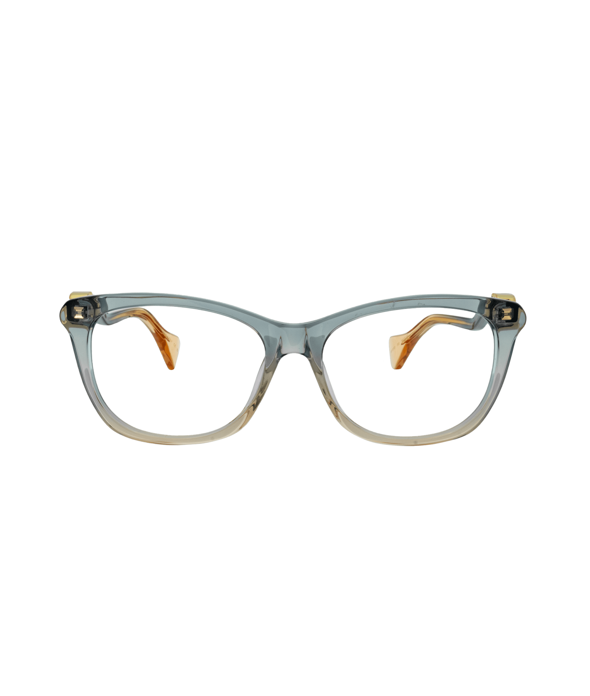 Glasses with translucent gray frames and rectangular lenses, featuring amber-colored temple tips. The glasses are positioned upright against a white background.