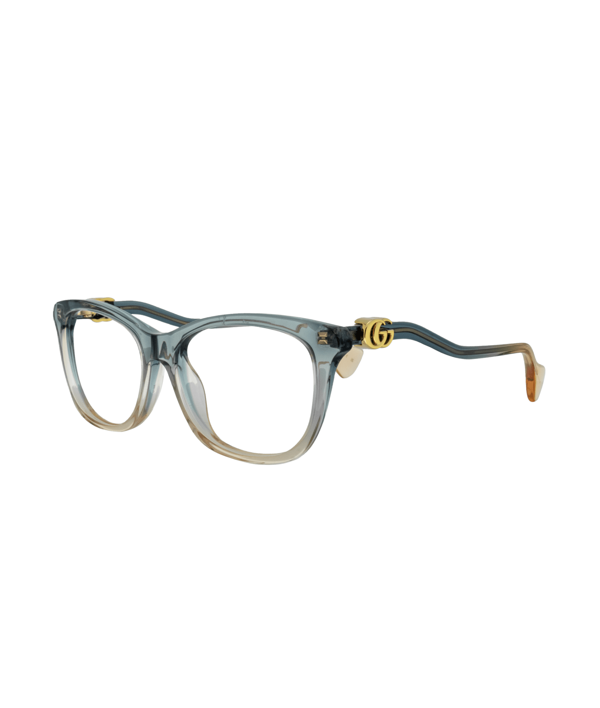 Une élégante forme œil de chat classique. Elle se distingue par une palette de couleurs originale, avec un dégradé tout en douceur du gris-bleu vers une teinte plus pêche. Les branches, accentuées par une courbe rappelant une vague, ajoutent une touche fluide et raffinée.