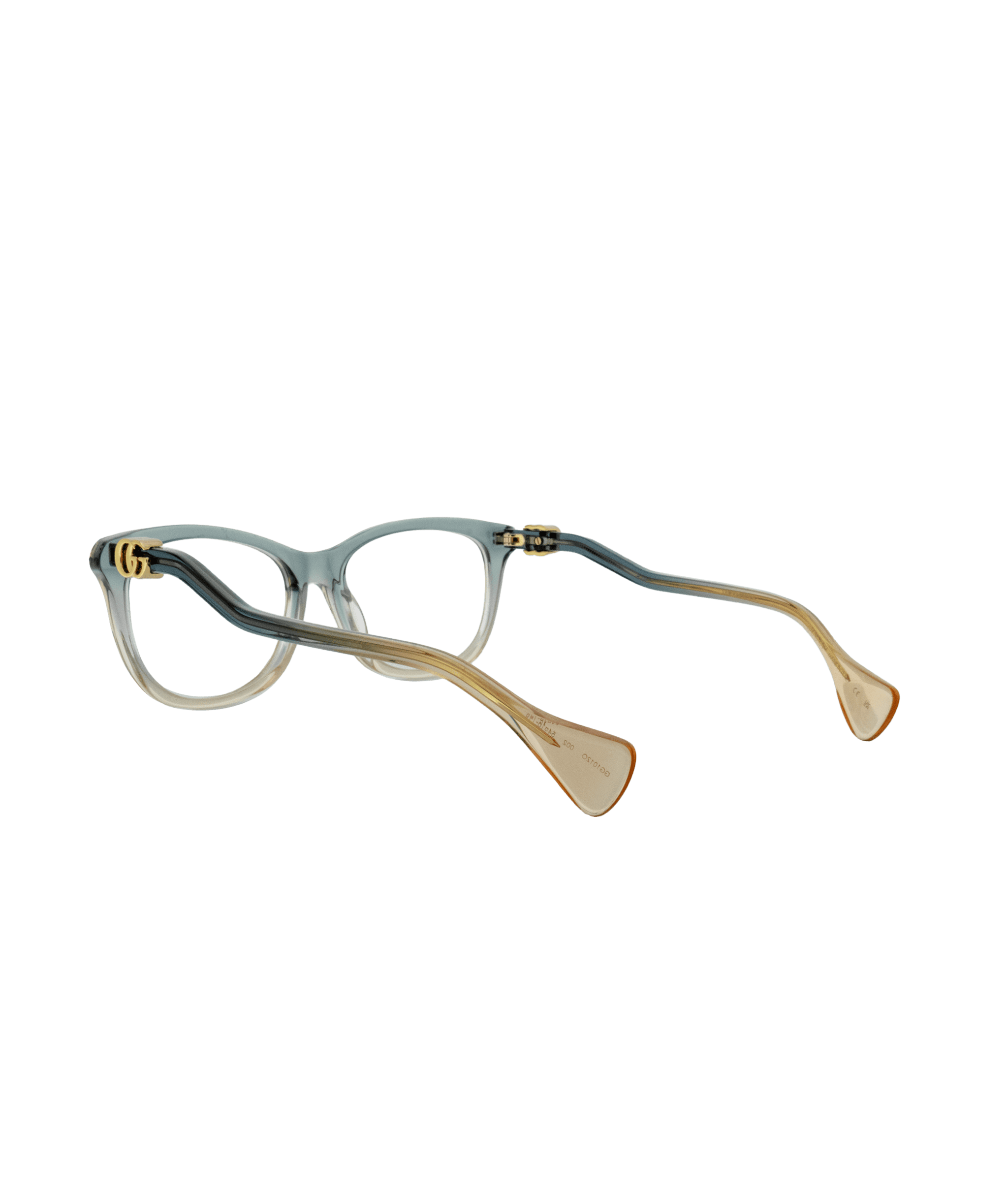A pair of eyeglasses with translucent frames and gradient-colored arms, transitioning from blue at the front to beige and orange at the tips, displayed on a white background.